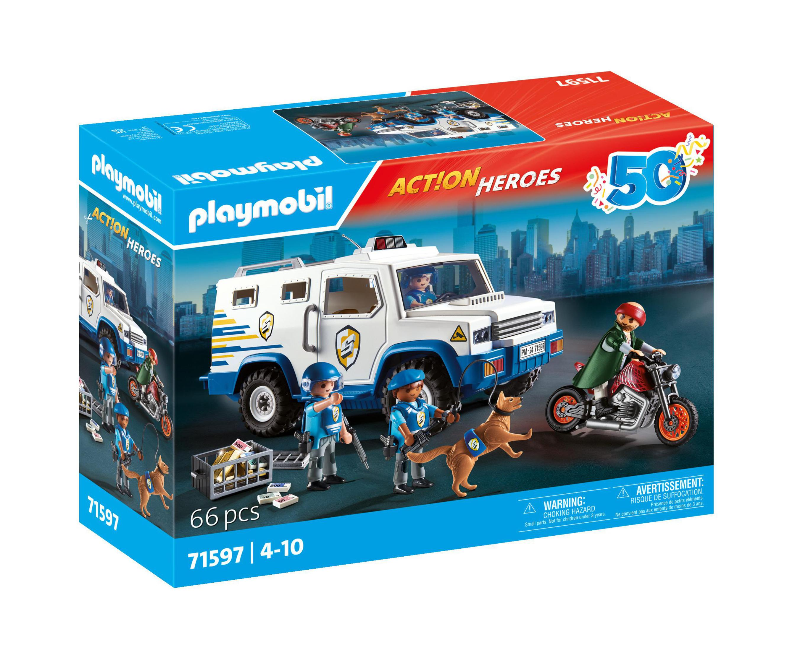 Set scatola Playmobil. Un camion blindato bianco con dettagli blu, poliziotti e un cane.