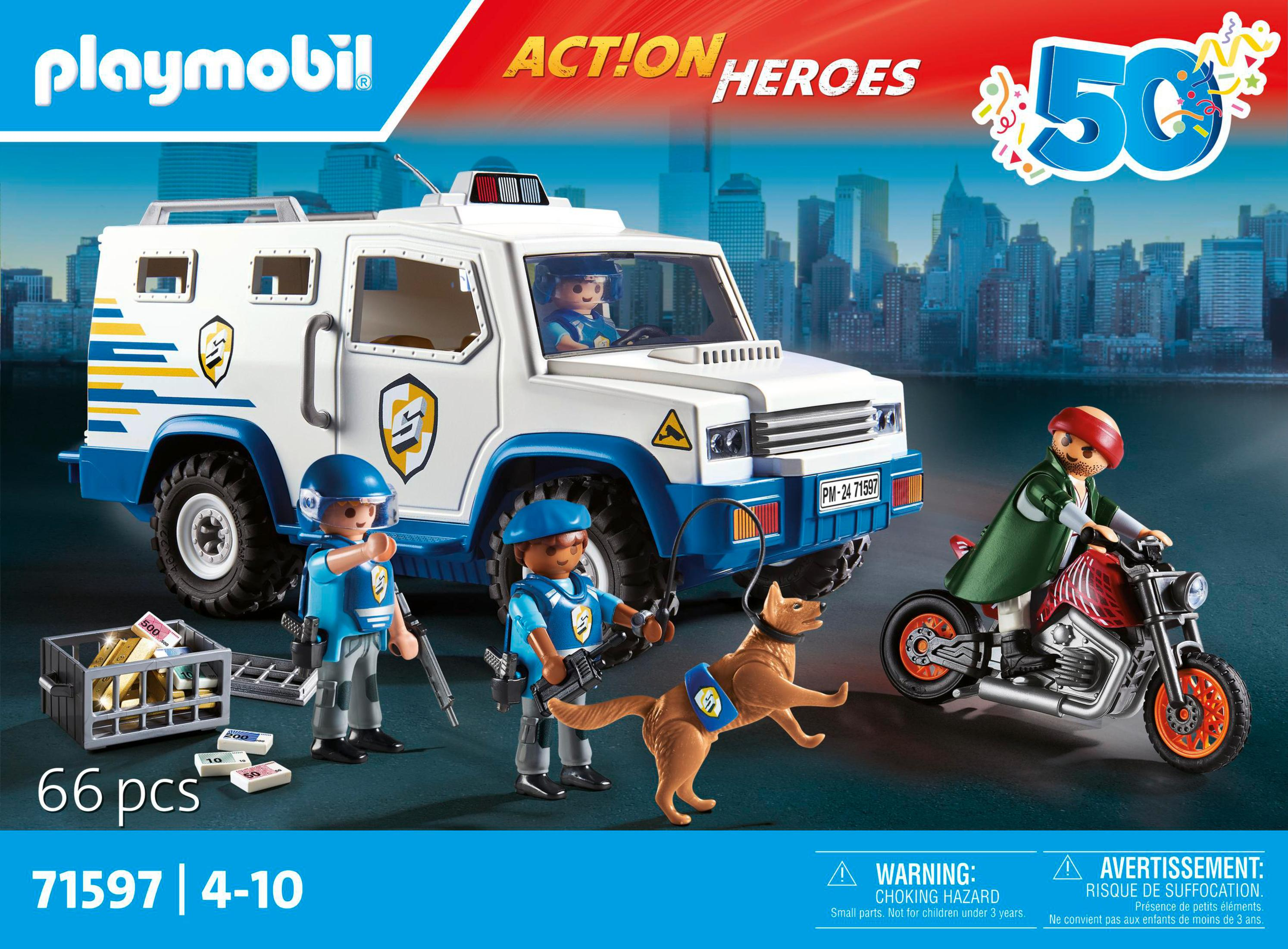 Set scatola Playmobil Action Heroes con camion blindato, personaggi e una moto.
