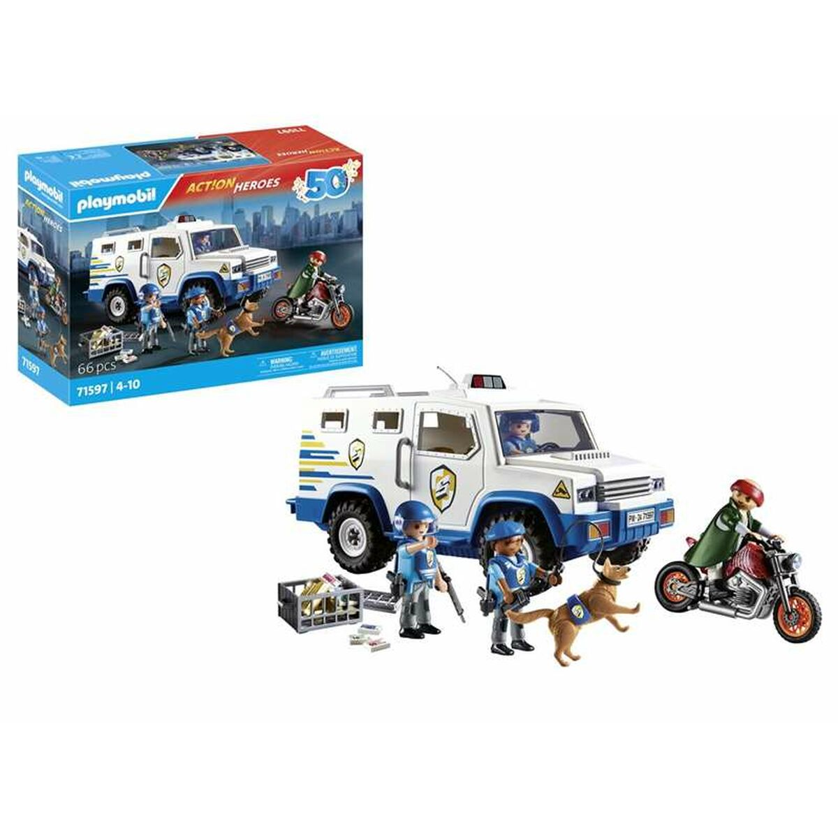 Set scatola Playmobil Action Heroes. Il set include un camion blindato, personaggi e una moto.