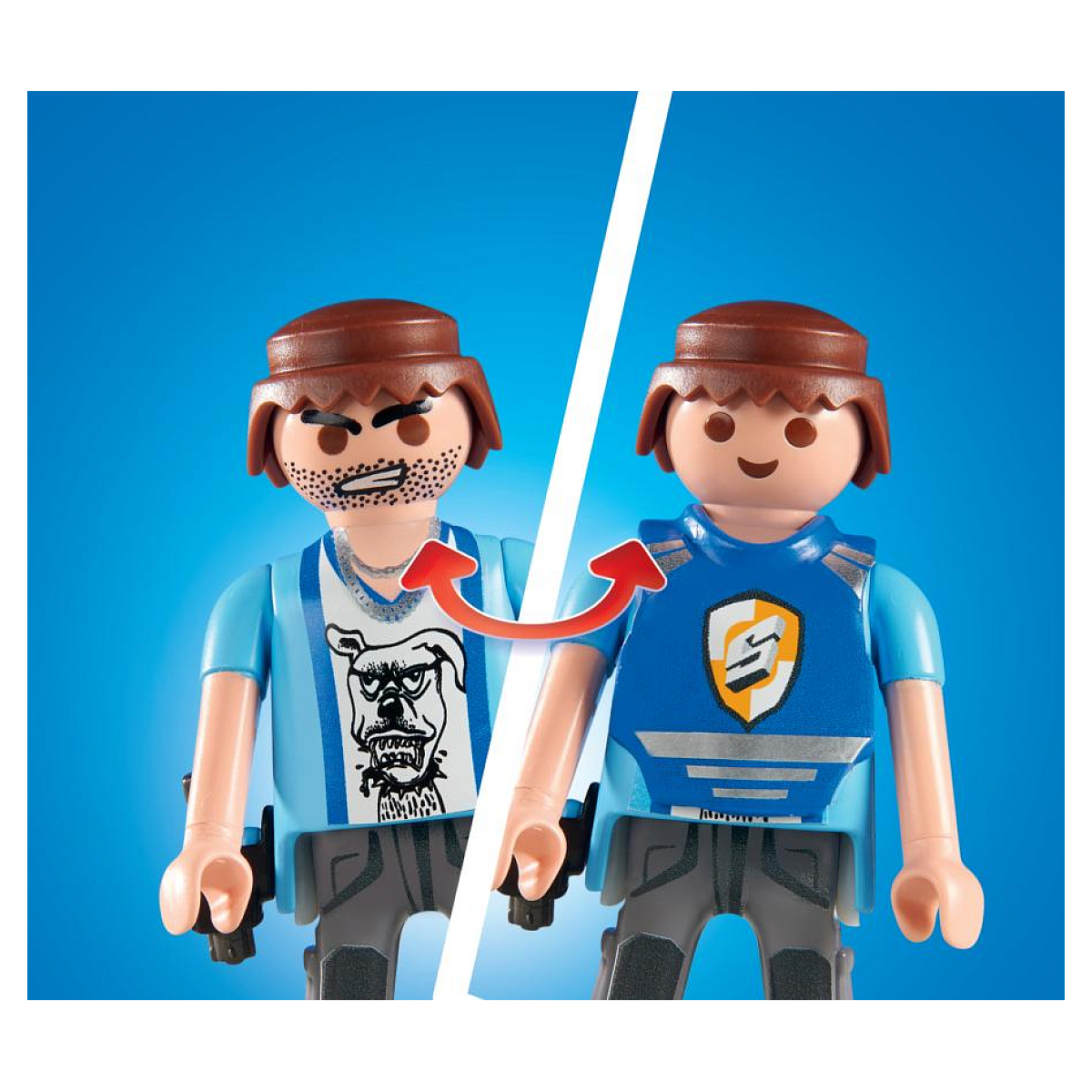 Due personaggi Playmobil. Uno con la barba, l'altro rasato, stesse uniformi. Le frecce indicano il cambiamento.