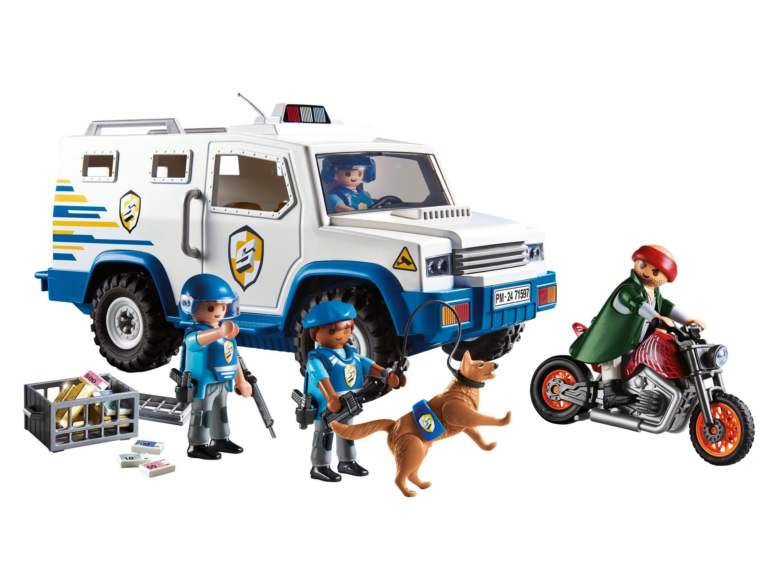 Set Playmobil con camion blindato, personaggi, cane e moto. Sfondo bianco.