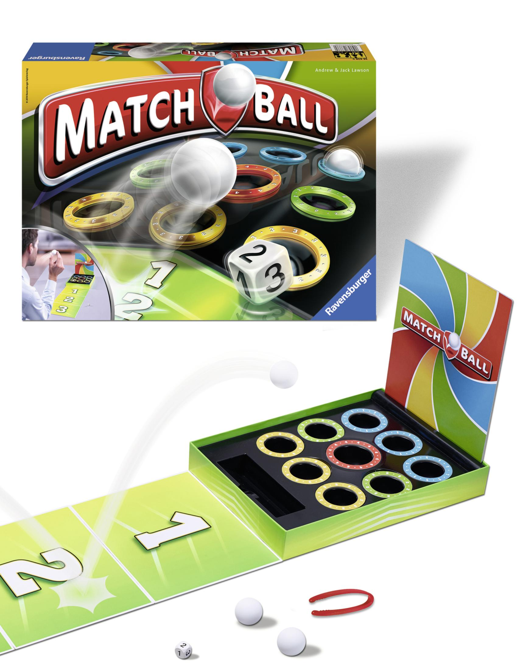 Match Ball Spielbox mit Bällen, Ringen und einem Würfel. Eine Person spielt. Ein Spielbrett links.