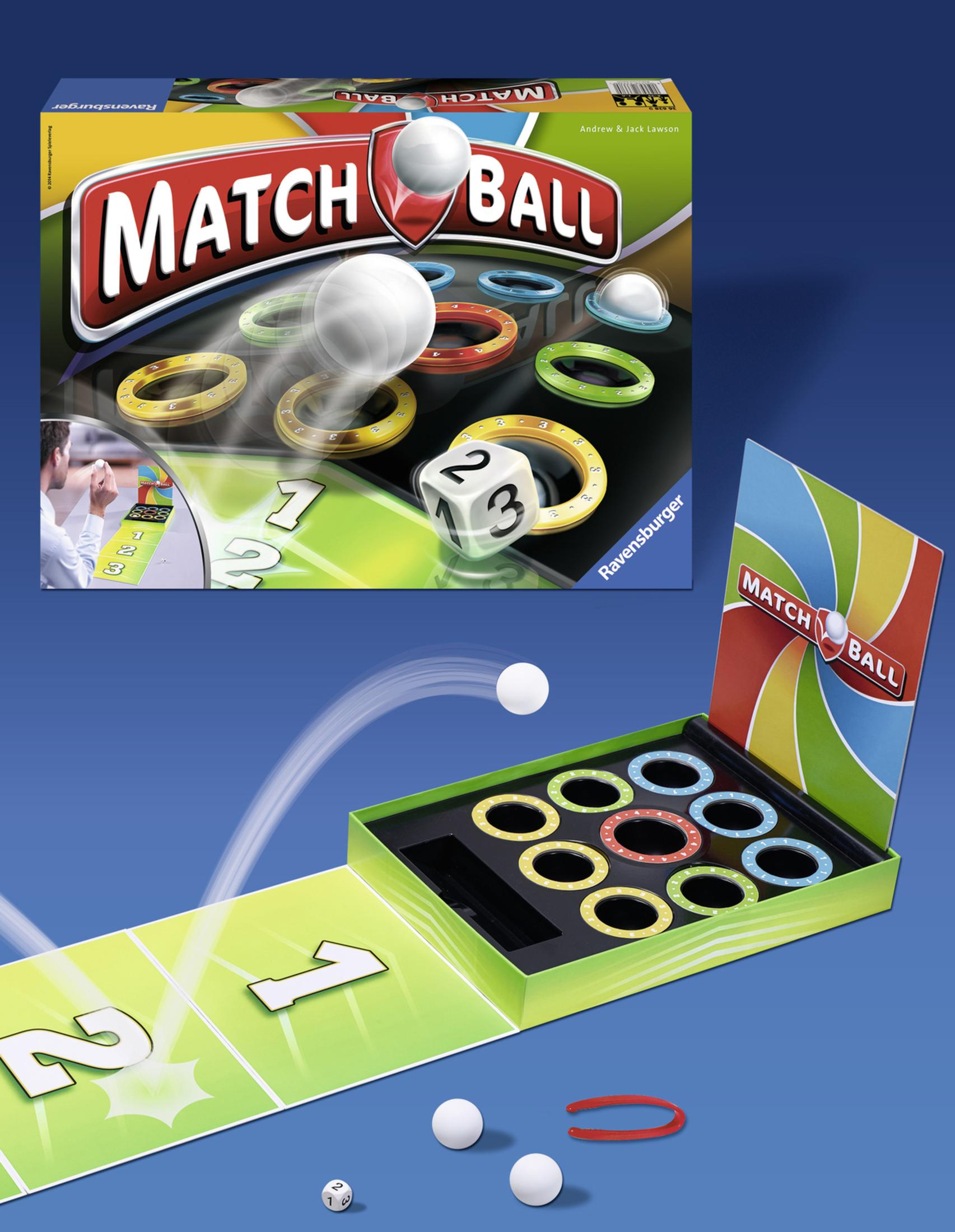 Match Ball Spielbox mit Bällen, Ringen und einem Würfel. Eine Person spielt. Ein Spielbrett links.