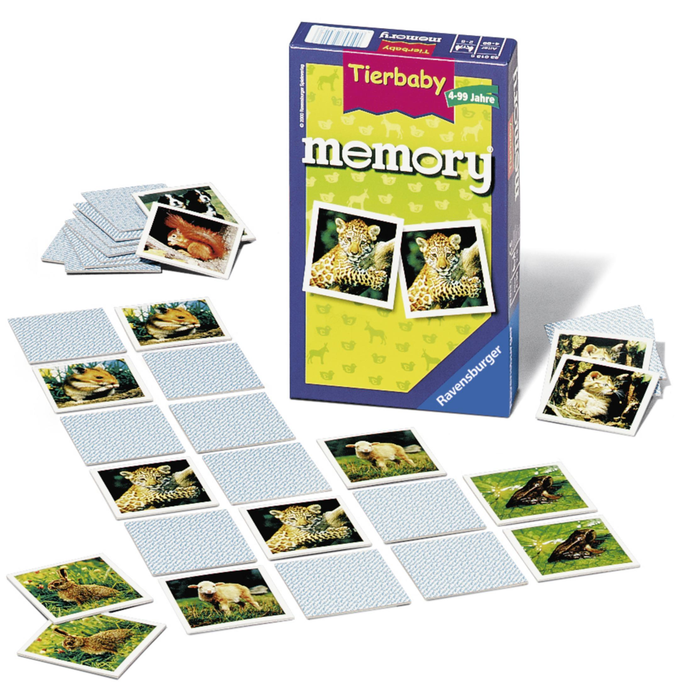 Memory-Spiel mit Karten, die verschiedene Tiere zeigen. Die Box zeigt ein Jaguarjunges. Karten sind ausgelegt.