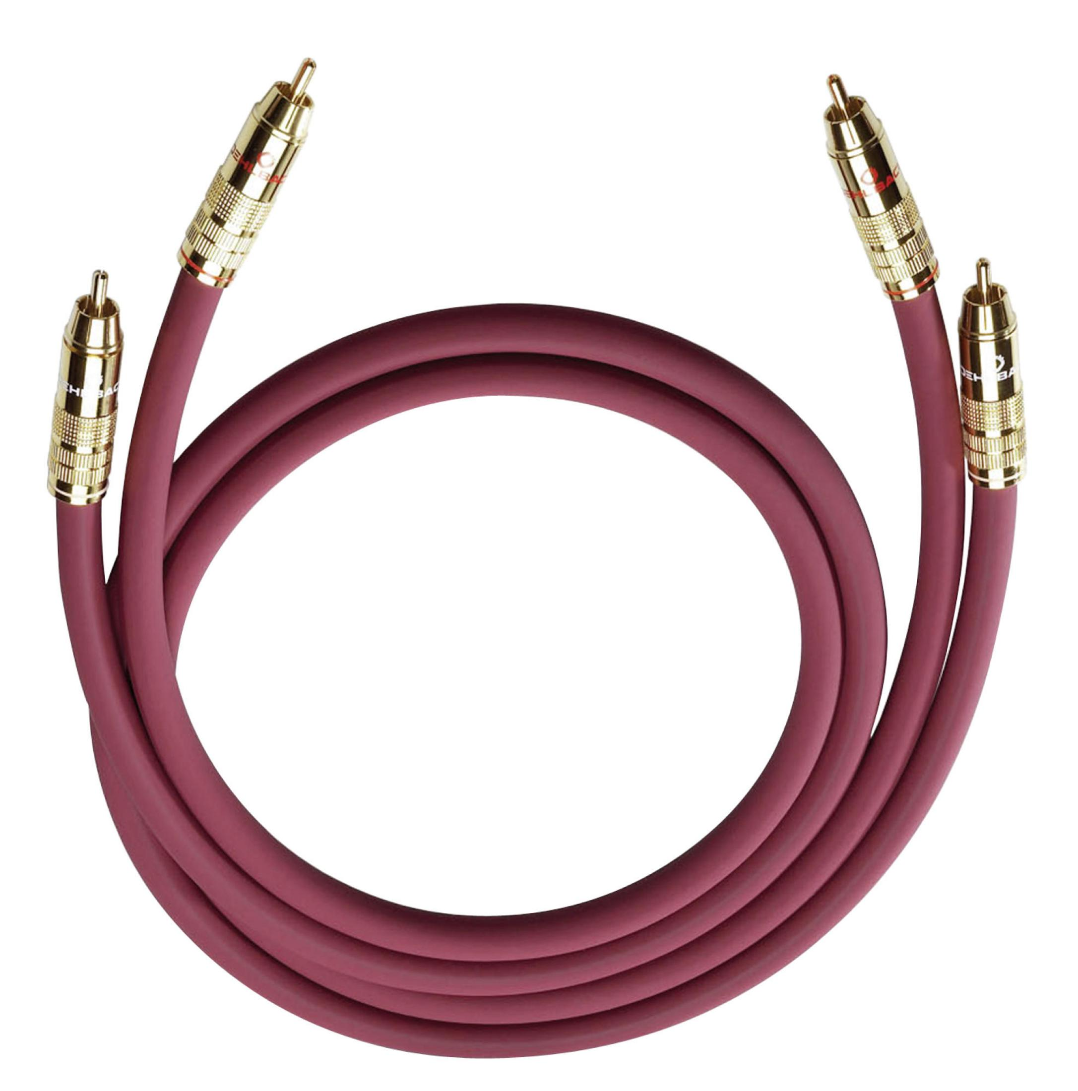 Ein rotes Kabel mit goldfarbenen Anschlüssen in einer Schleife, das vor einem reinweißen Hintergrund angezeigt wird.