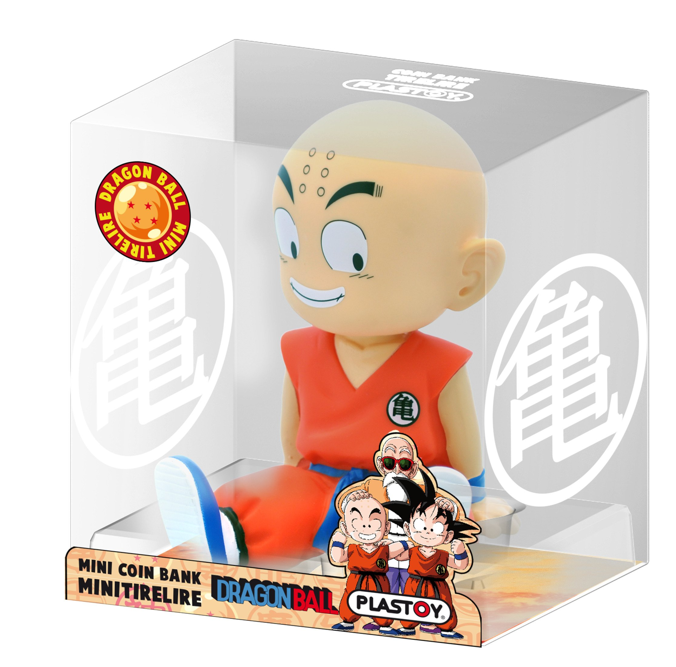 Figura de Krillin dentro de una vitrina con la marca Dragon Ball y una imagen pequeña.