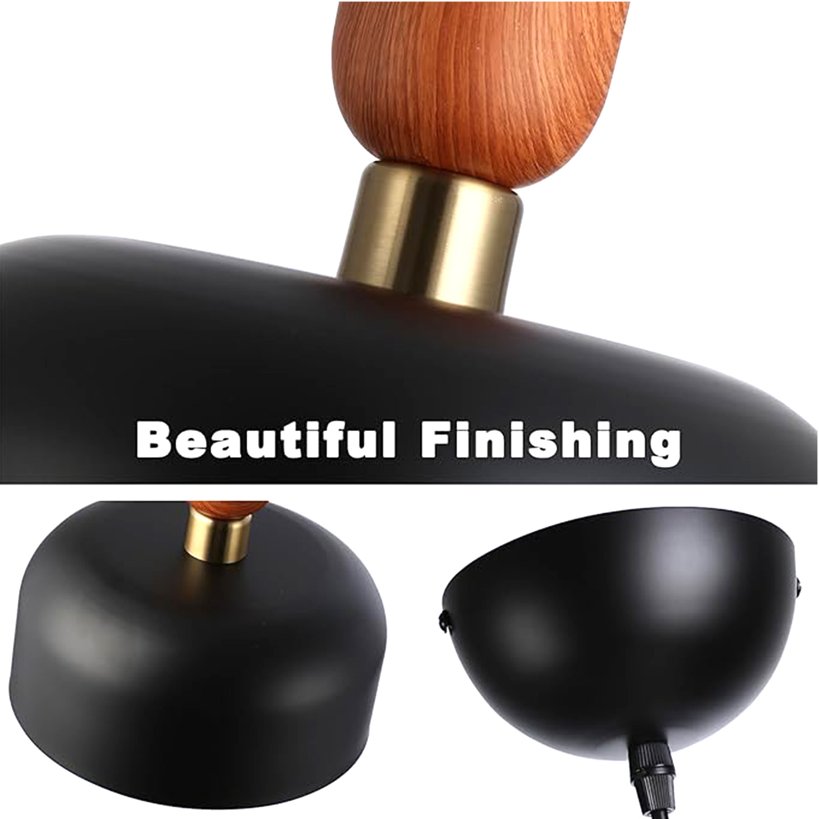 Primer plano de una lámpara colgante negra con un detalle de madera, que muestra su diseño y acabado.
