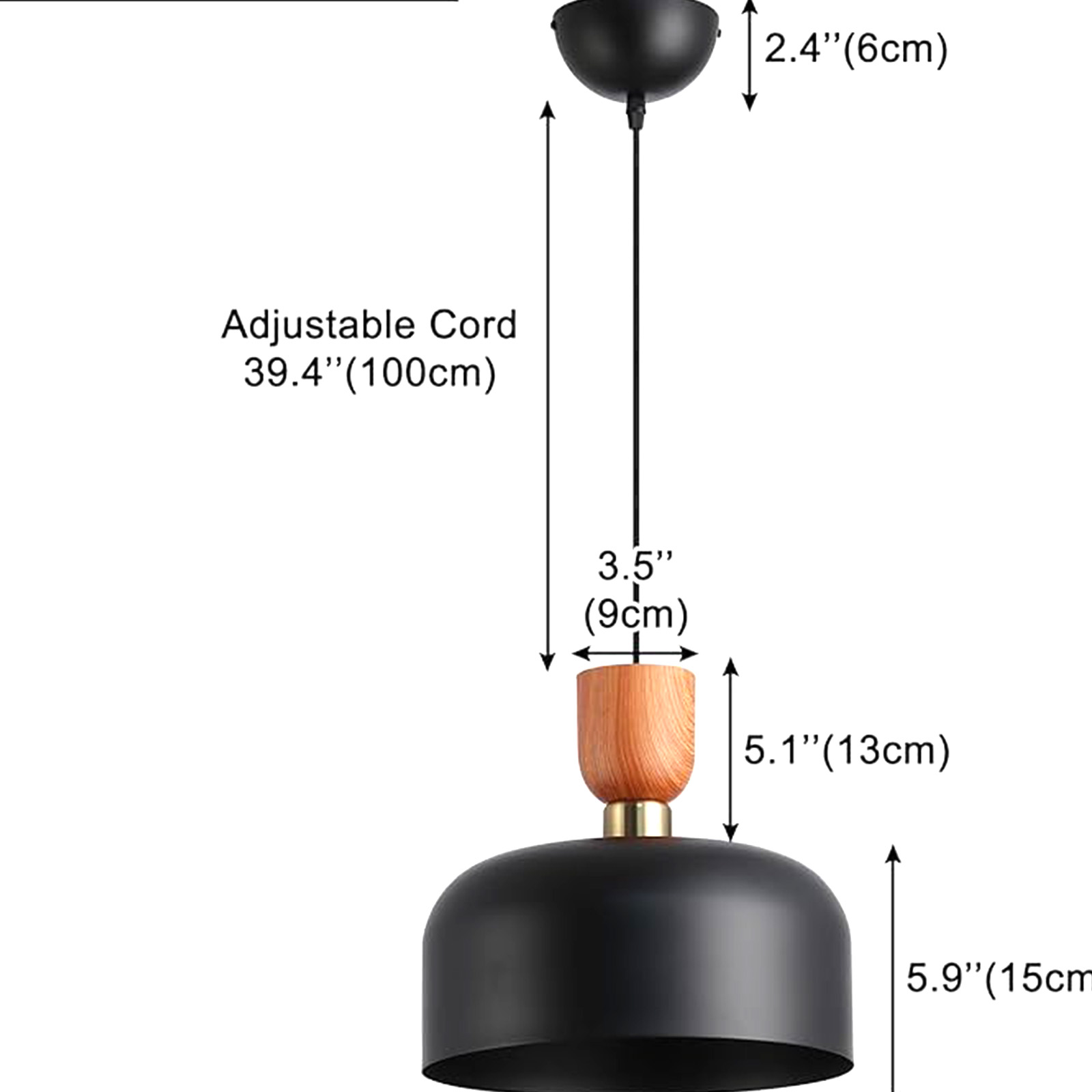 Un diagrama muestra las medidas de una lámpara colgante negra con detalles de madera, sobre un fondo blanco.