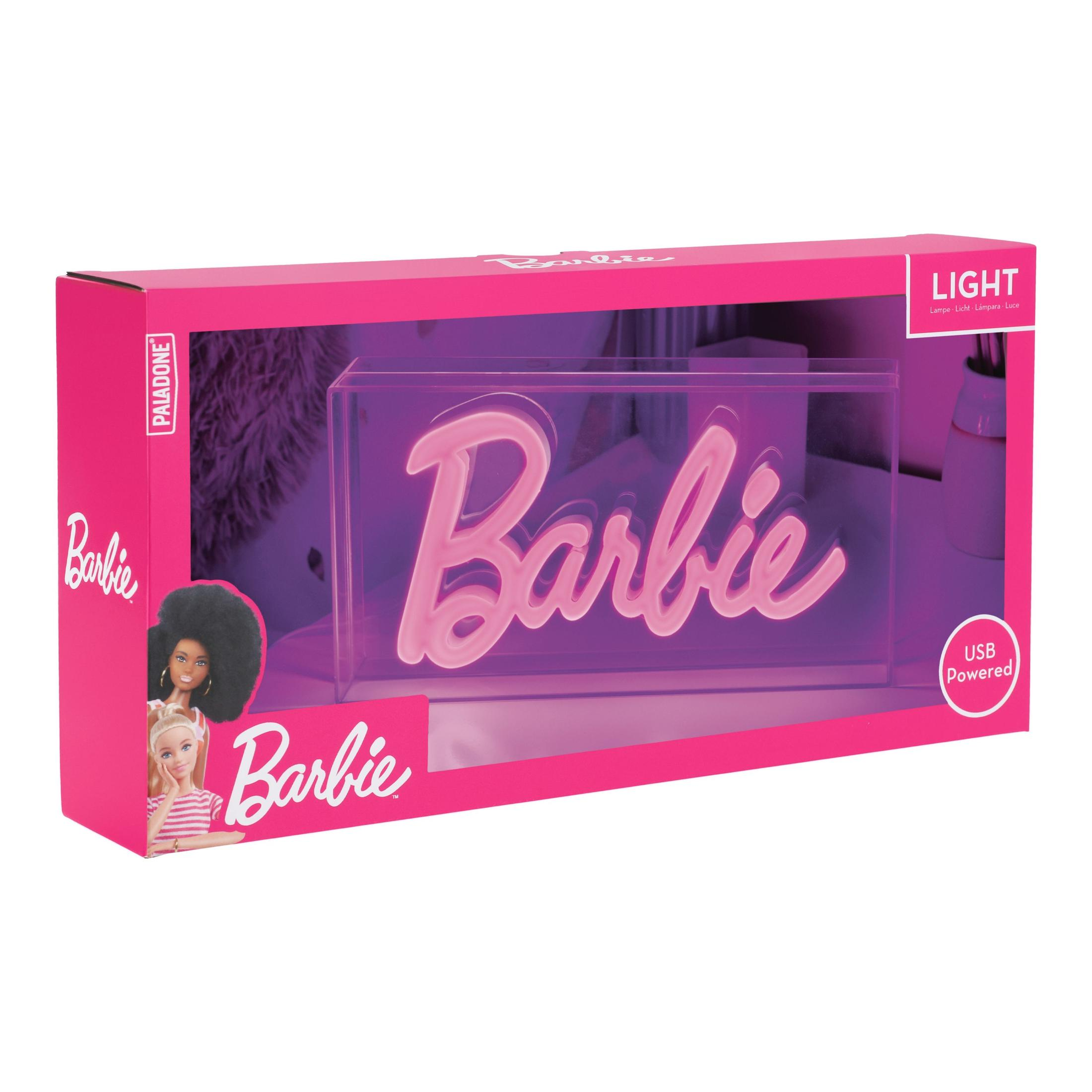 Neonowy kaseton Barbie w różowym opakowaniu. Pudełko zawiera zdjęcia lalek Barbie i światła zasilanego przez USB.