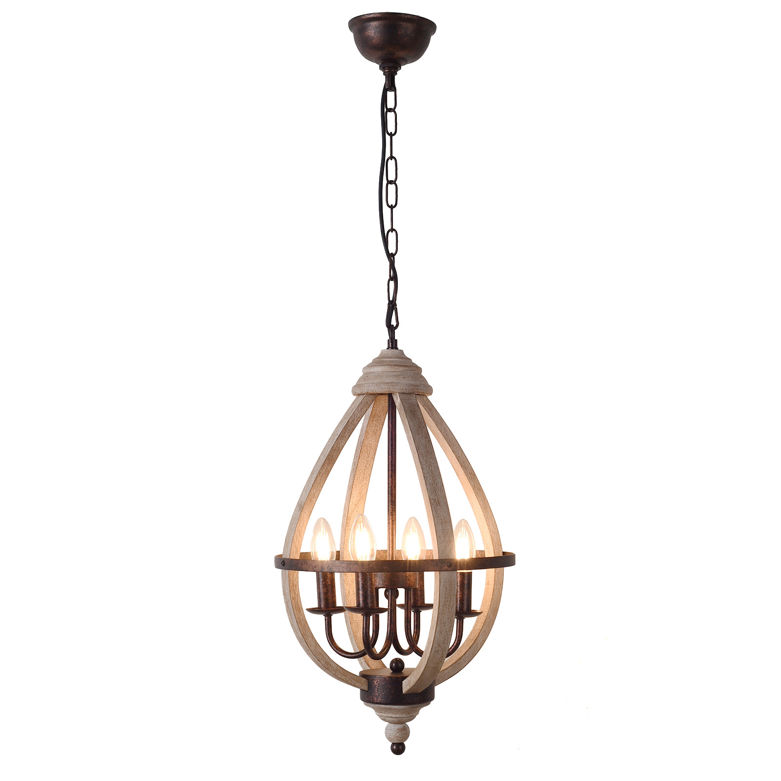 Una lámpara de araña con cuatro luces cuelga de una cadena, combinando elementos rústicos de madera y metal en su diseño.