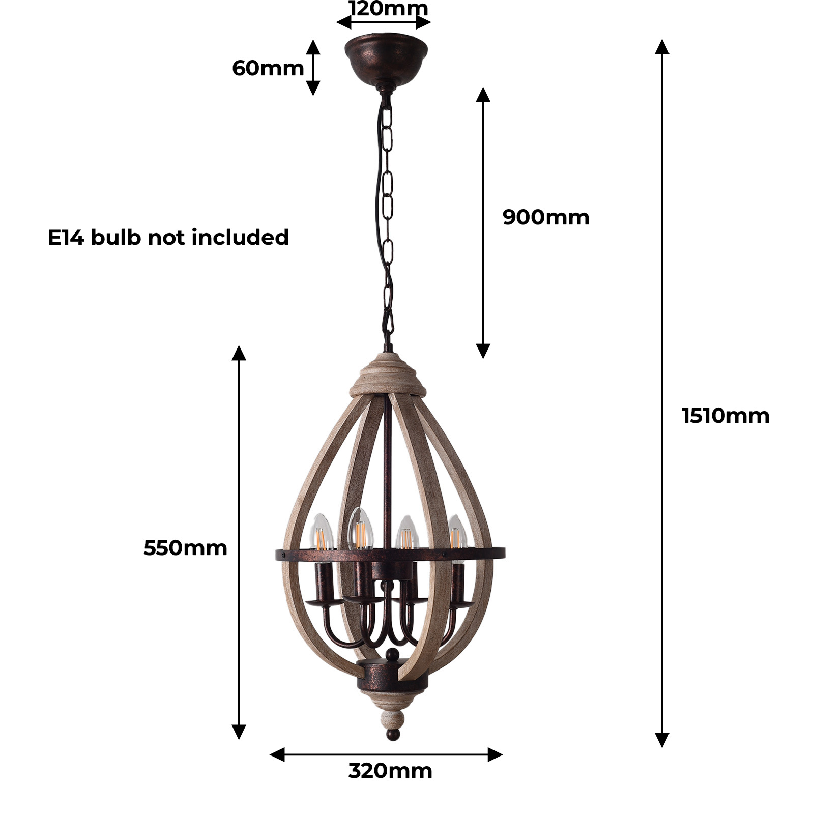 Diagrama de un candelabro de madera con medidas de sus partes.