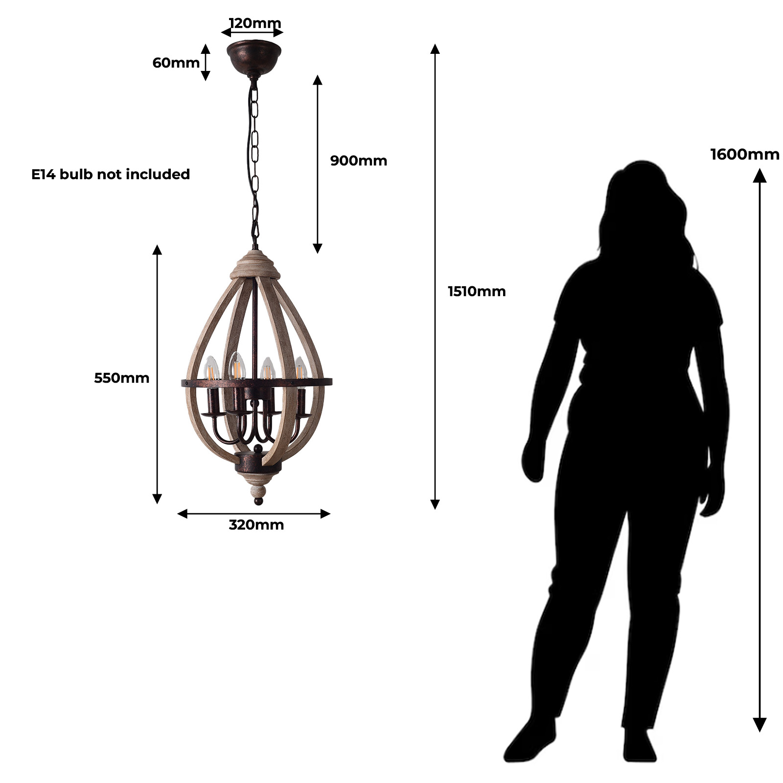 Diagrama de un candelabro de madera con una silueta de una persona para comparar su tamaño.