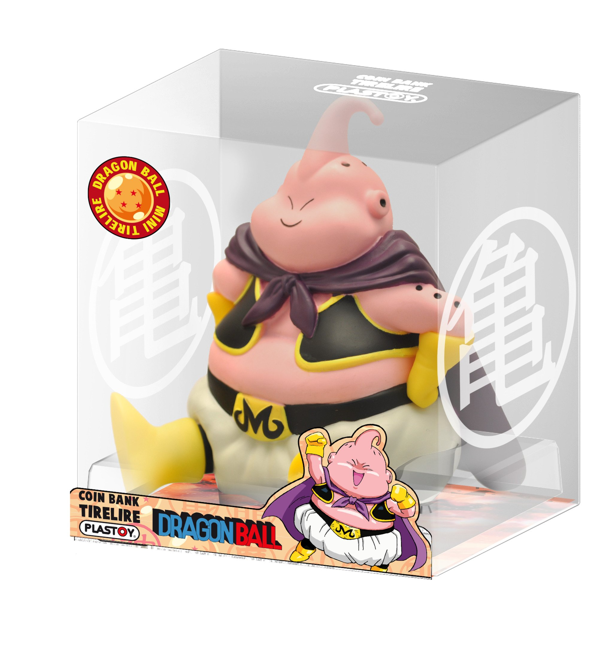 Figura de Majin Buu dentro de una caja de plástico transparente con la marca Dragon Ball y etiqueta de hucha.