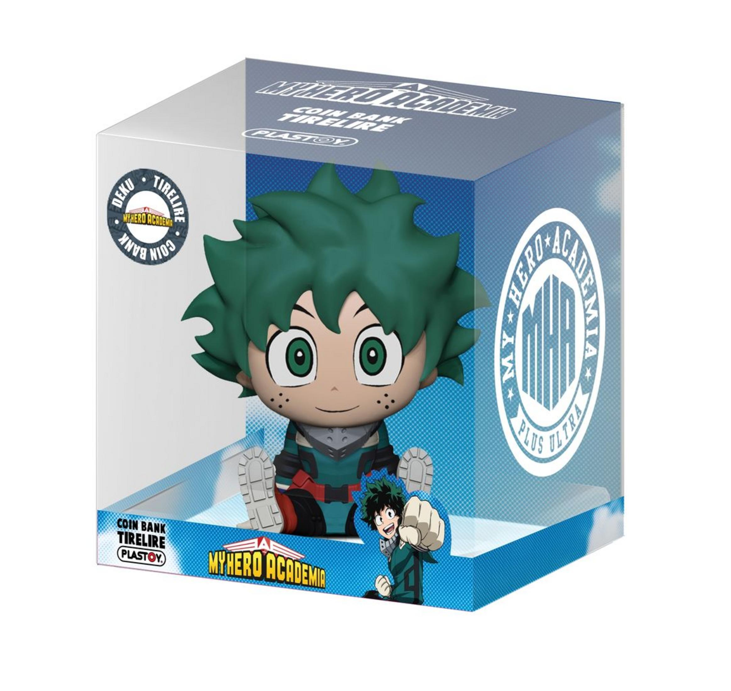 Una hucha de My Hero Academia con un personaje de anime de pelo verde en una caja.