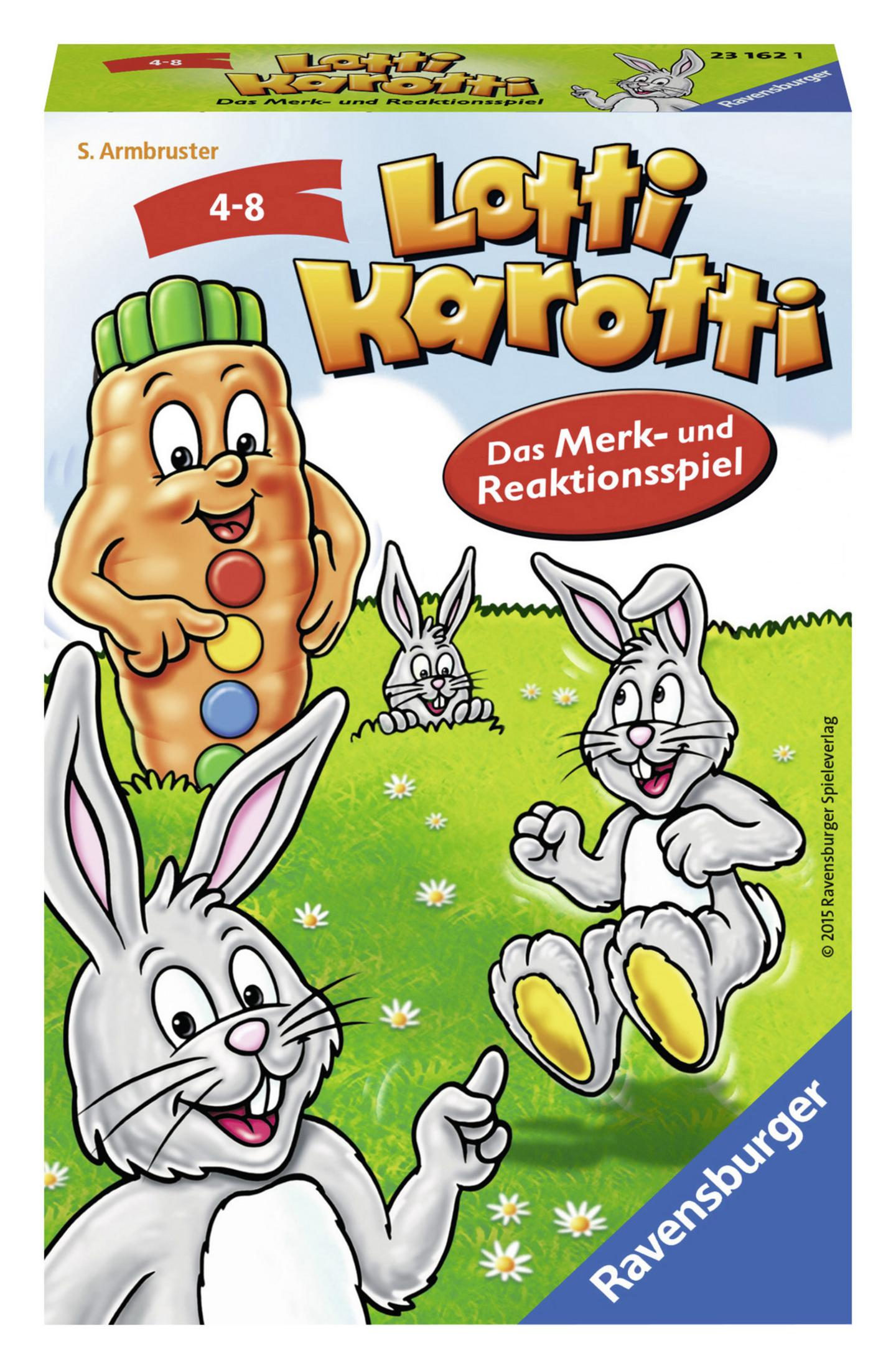 Spielbox mit Cartoon-Karotte und Hasen. Titel: Lotti Karotti. Hasen auf grünem Feld.