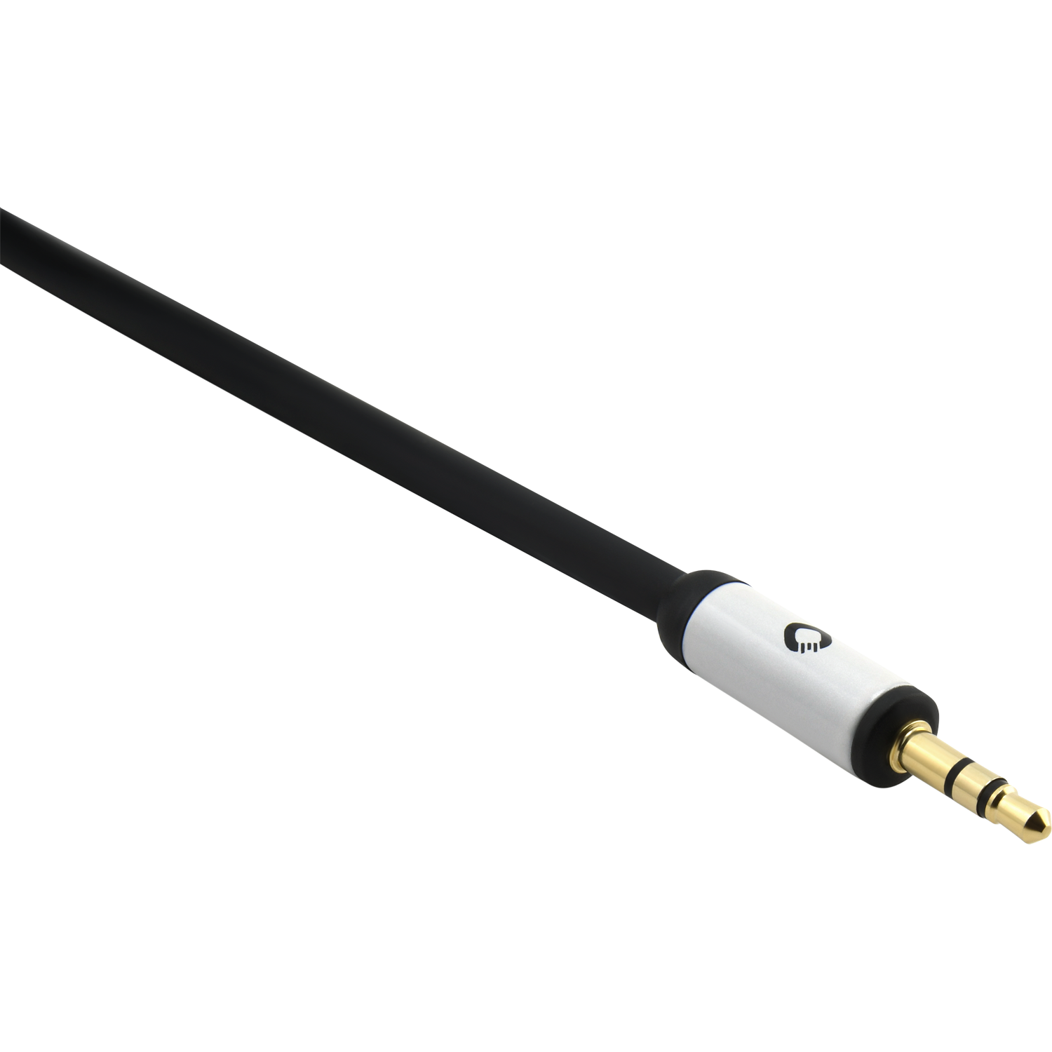 Gros plan d'un câble audio noir avec un connecteur argenté et une pointe dorée sur fond noir.