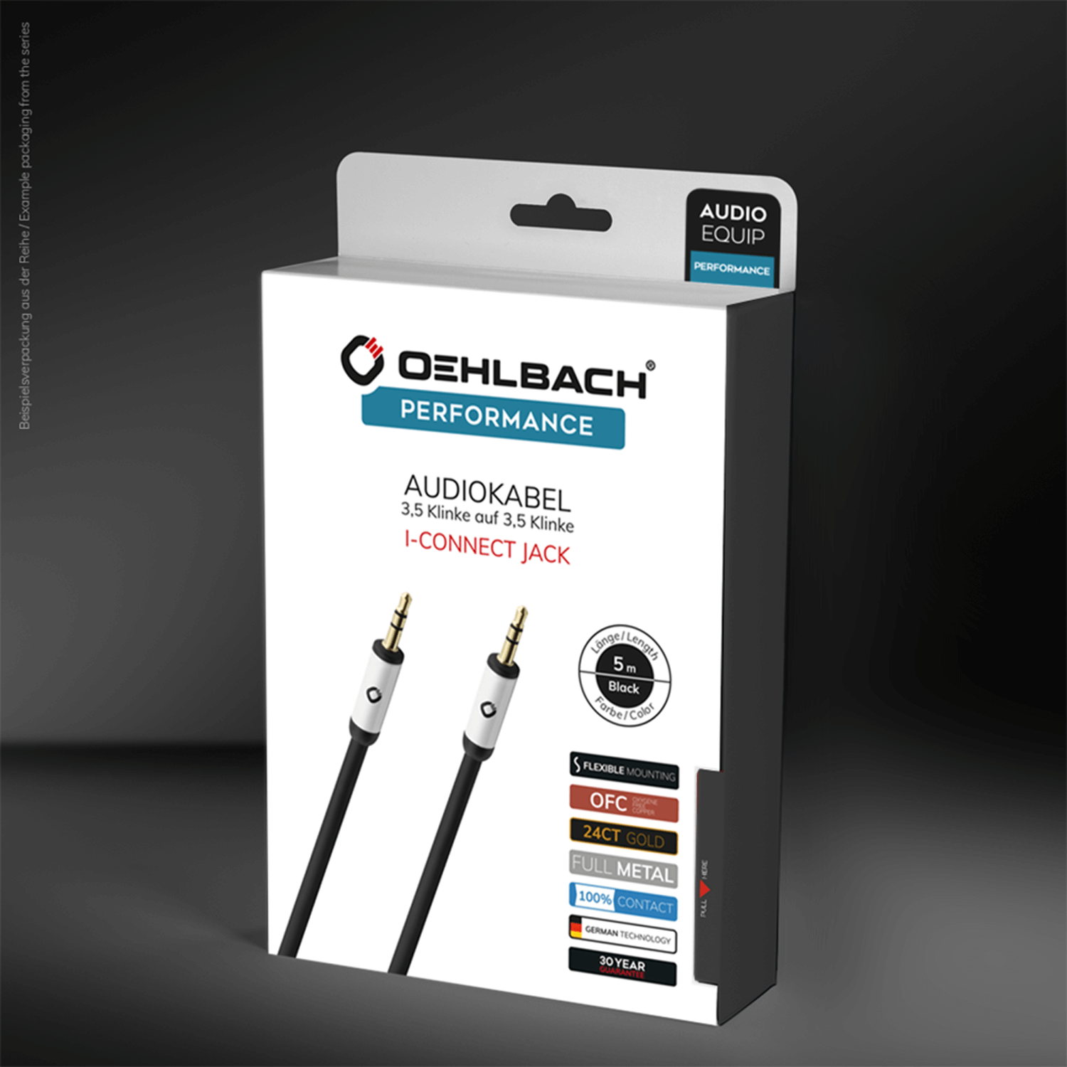 Emballage de câble audio avec un câble noir présenté sur une boîte blanche avec le nom de la marque Oehlbach Performance.