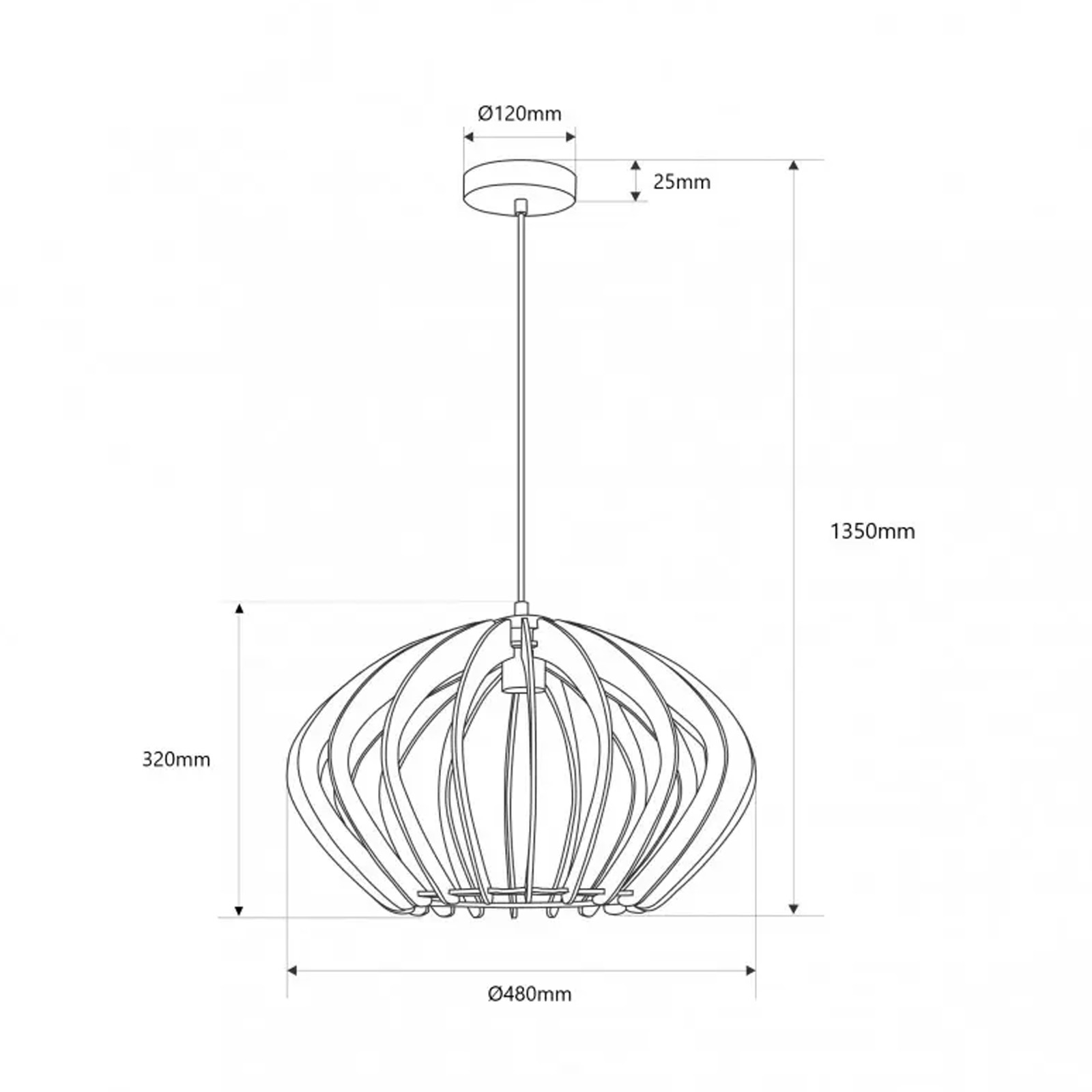 Diagrama de una lámpara colgante de madera que muestra las dimensiones.