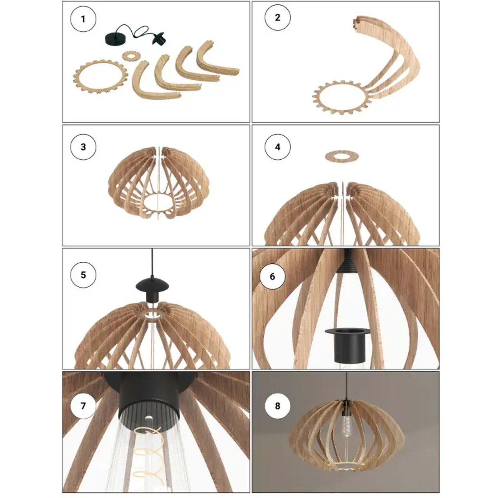 Pasos de montaje para una lámpara colgante de madera, diagramas 1-8.