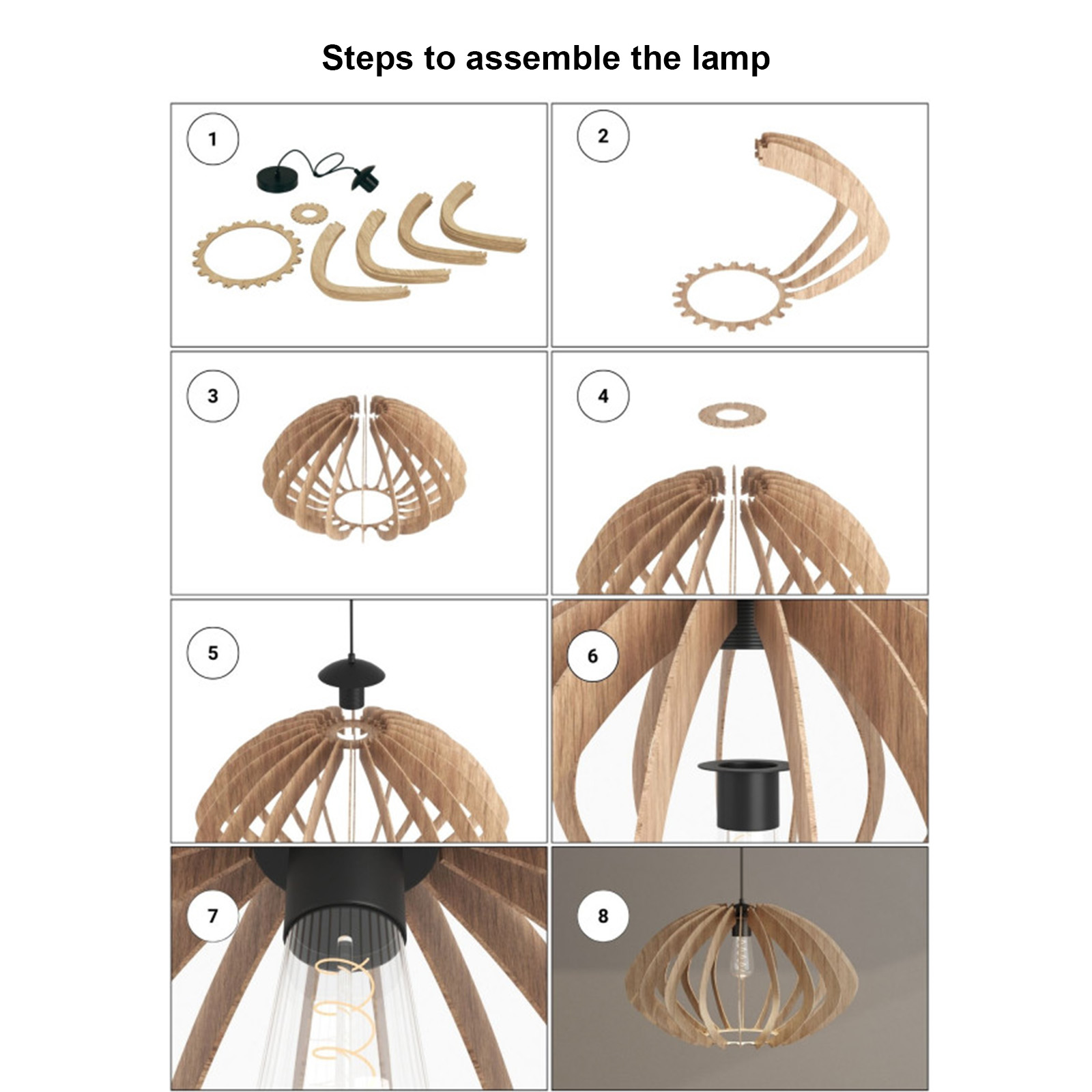 Pasos de montaje para la lámpara, diagrama 1-8.