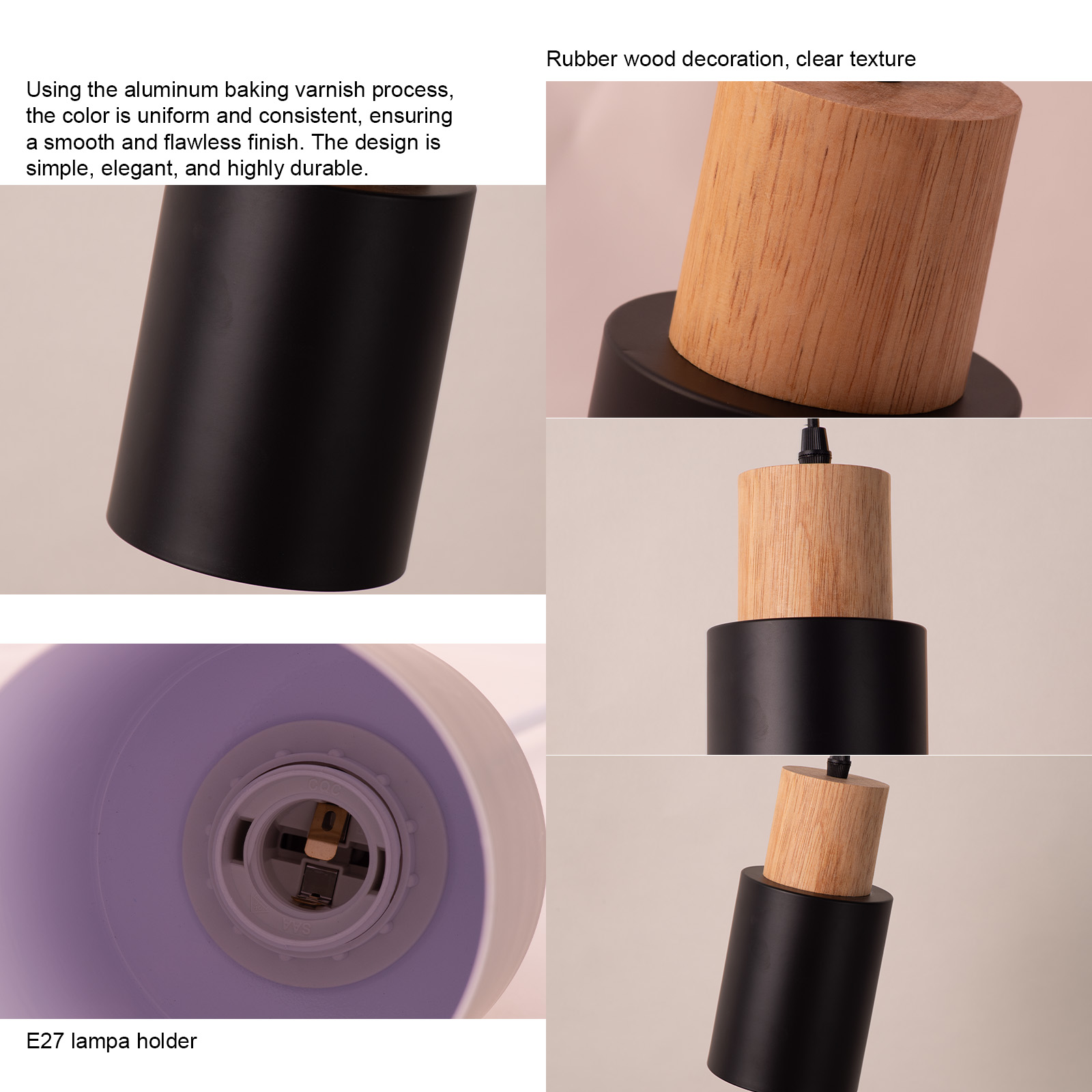 Un collage de detalles del producto de una lámpara colgante negra y de madera. Incluye primeros planos y etiquetas.