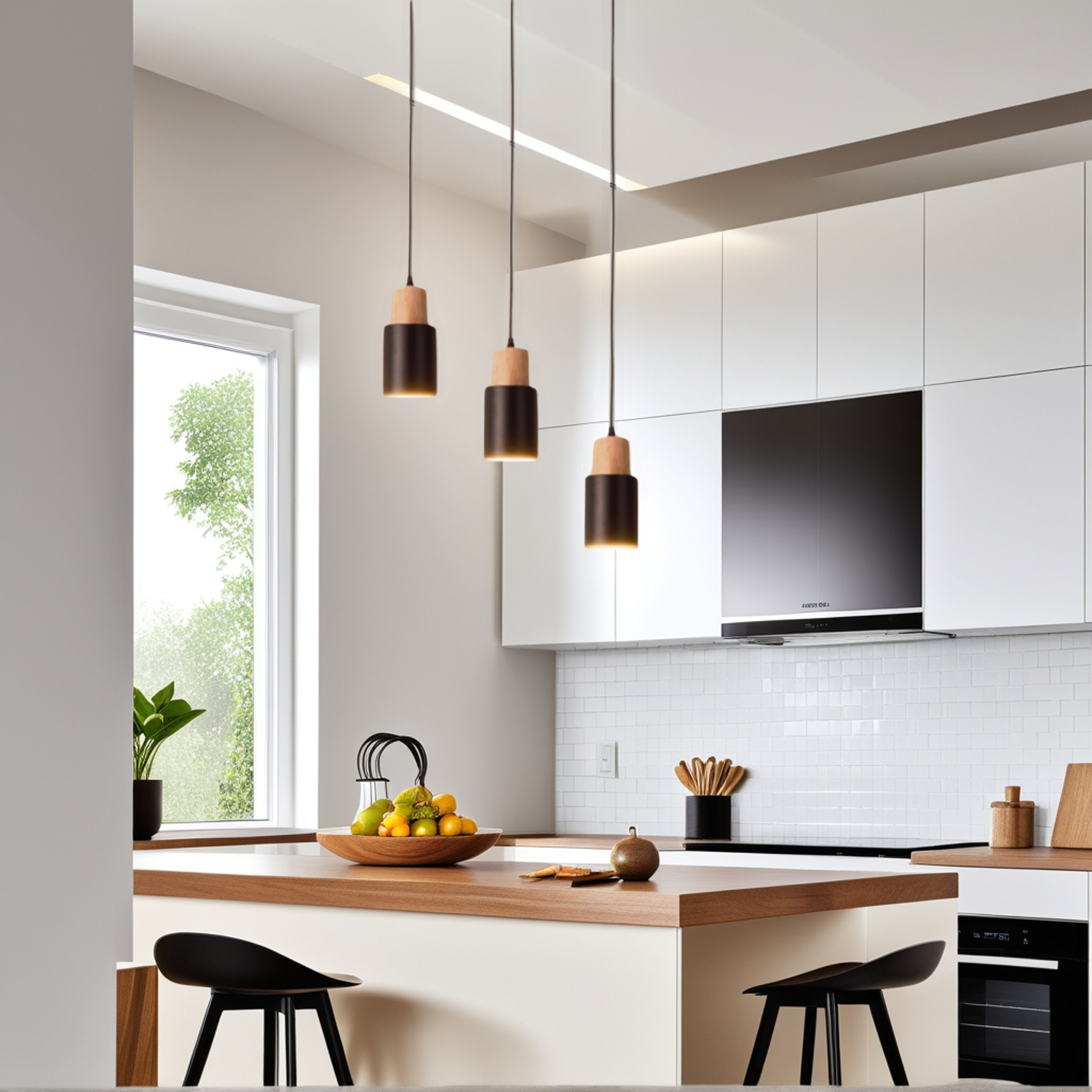 Una cocina con tres lámparas colgantes negras y de madera sobre una isla, que reflejan la luz.