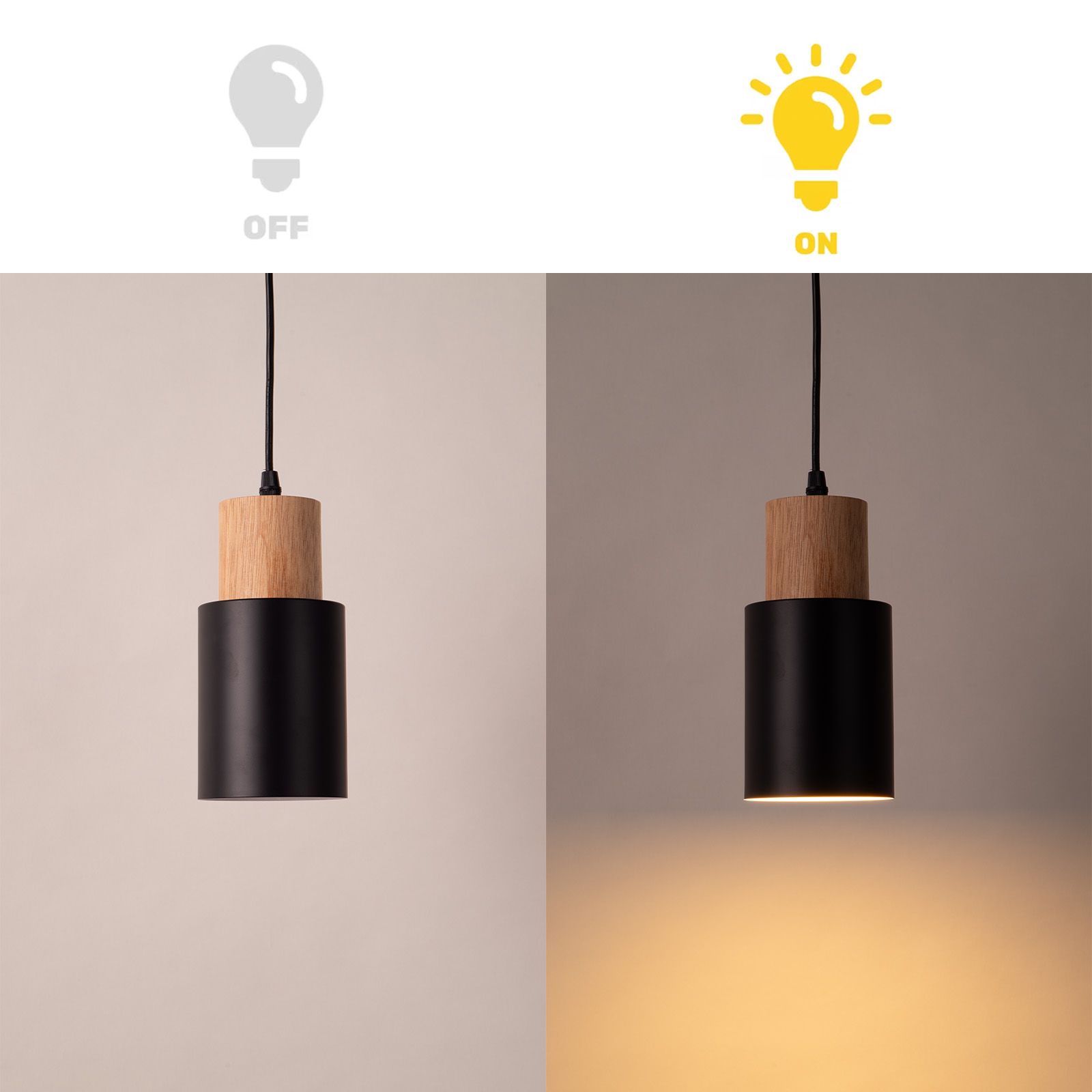 Una lámpara colgante negra y de madera, encendida y apagada, el estado encendido muestra la luz.