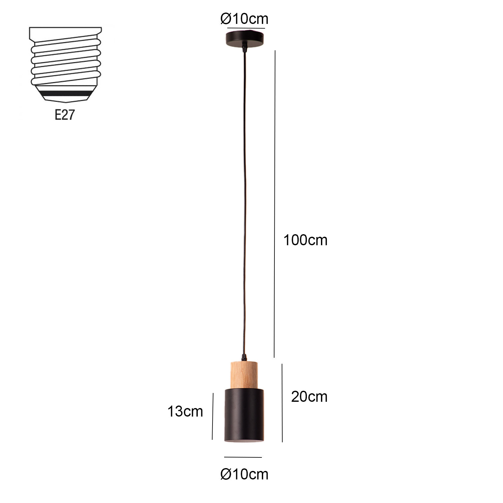 Dibujo técnico de una lámpara colgante negra y de madera con dimensiones, que muestra su portalámparas E27.