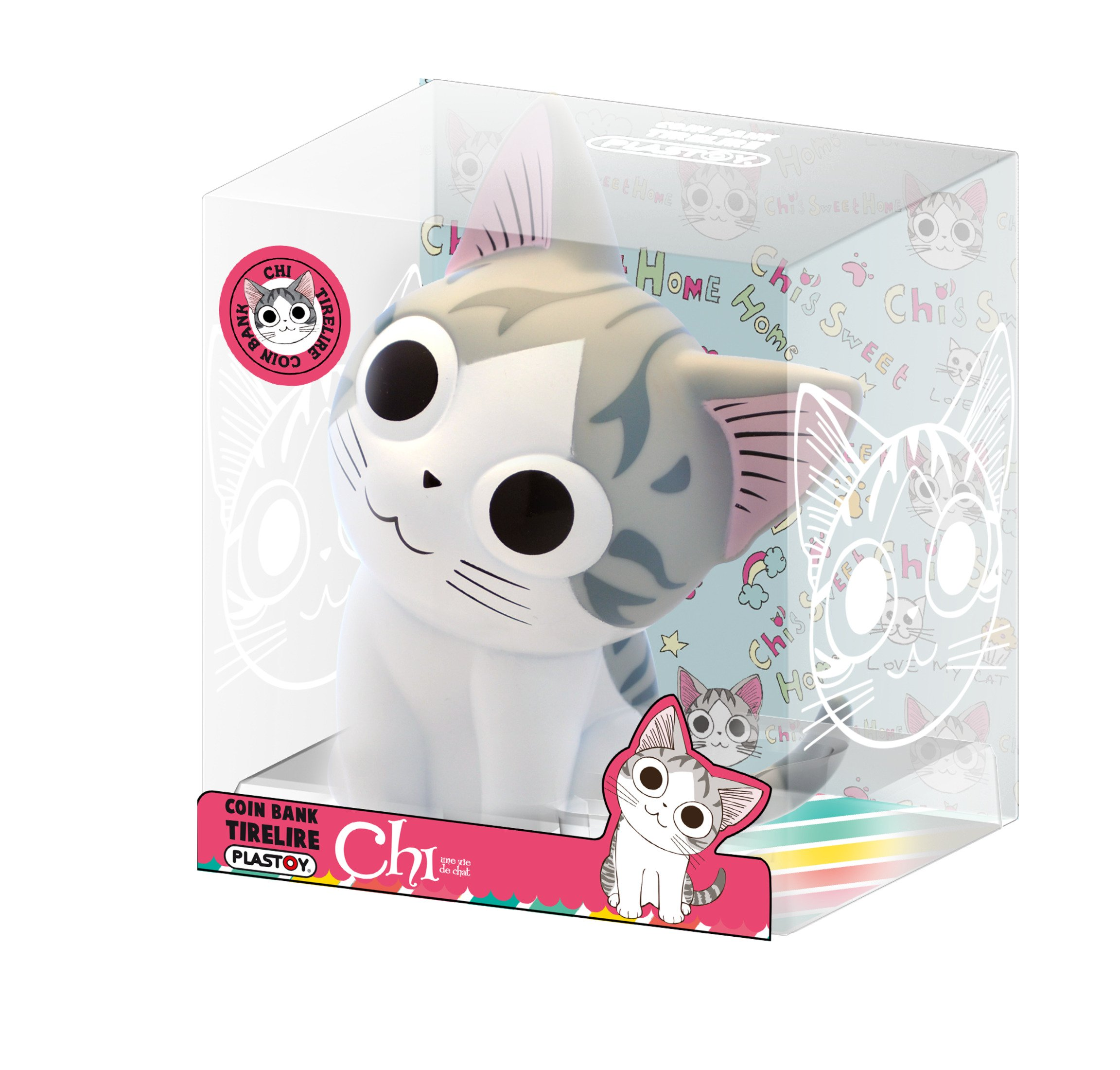 Eine Chi-Sparbüchse in einer durchsichtigen Box. Die Katze ist weiß mit grauen Streifen und großen Augen.