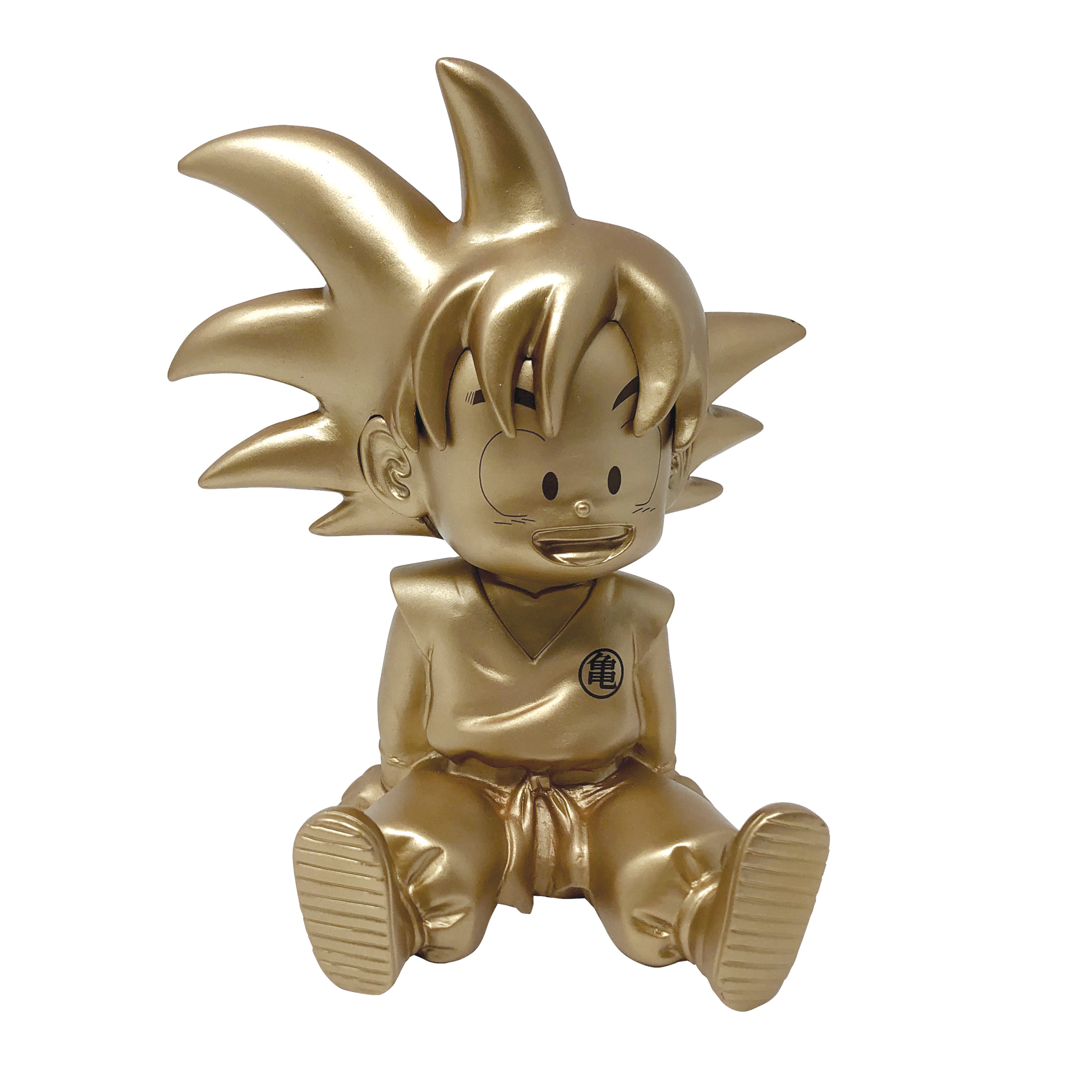 Eine goldene Figur einer kindlichen Figur mit stacheligen Haaren sitzt und trägt ein Logo auf dem Hemd.