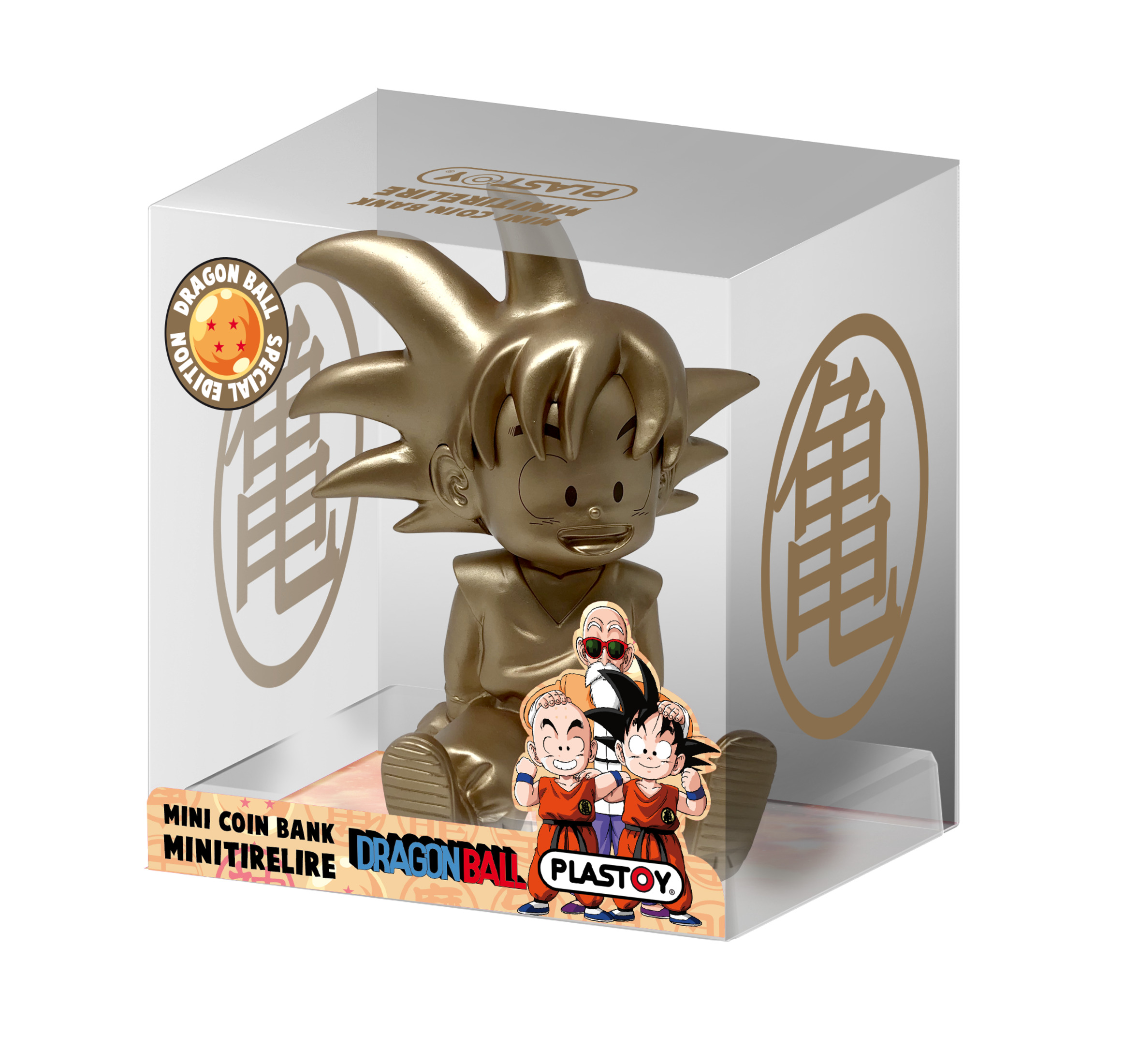Eine goldene Figur mit stacheligen Haaren sitzt in einer Box mit der Aufschrift "Dragon Ball Mini Coin Bank Special Edition".