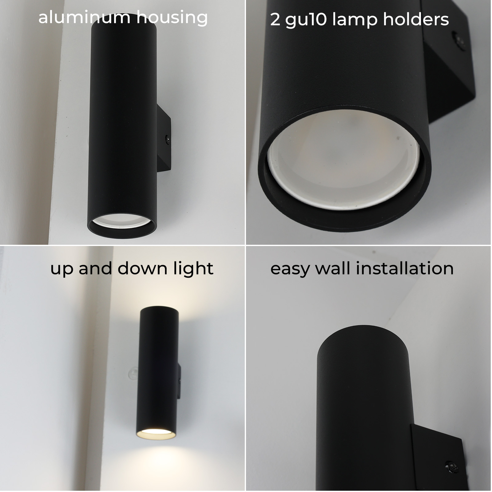Un collage de apliques de pared cilíndricos negros, que muestra el diseño, la instalación y los efectos de iluminación en una pared blanca.