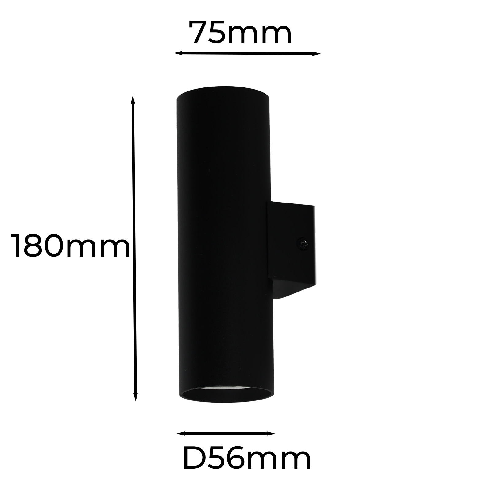 Se representa un aplique de pared cilíndrico negro con dimensiones de 75 mm de ancho, 180 mm de alto y 56 mm de diámetro.