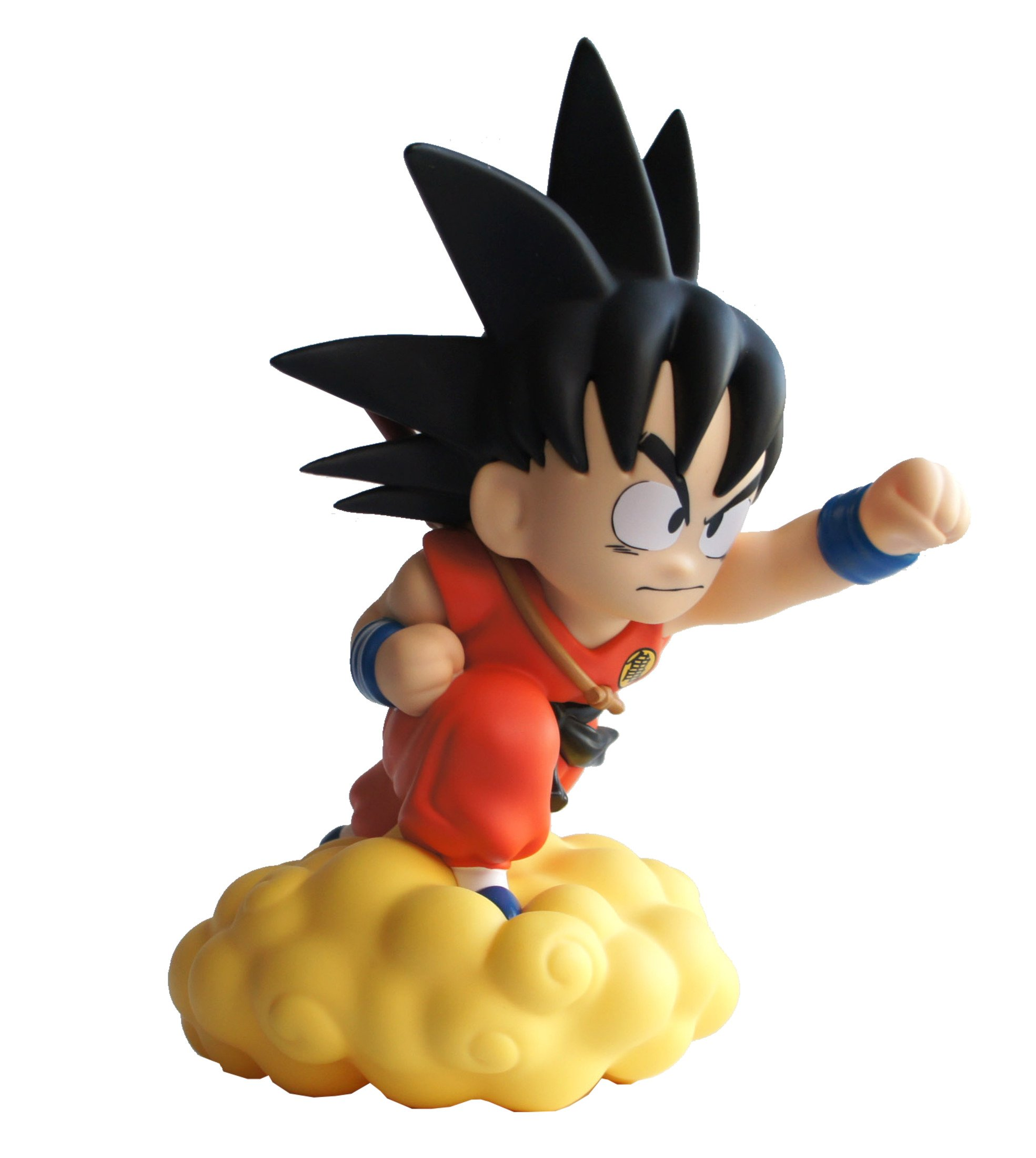Eine stilisierte Goku-Figur in einem orangefarbenen Anzug fliegt auf einer gelben Wolke.