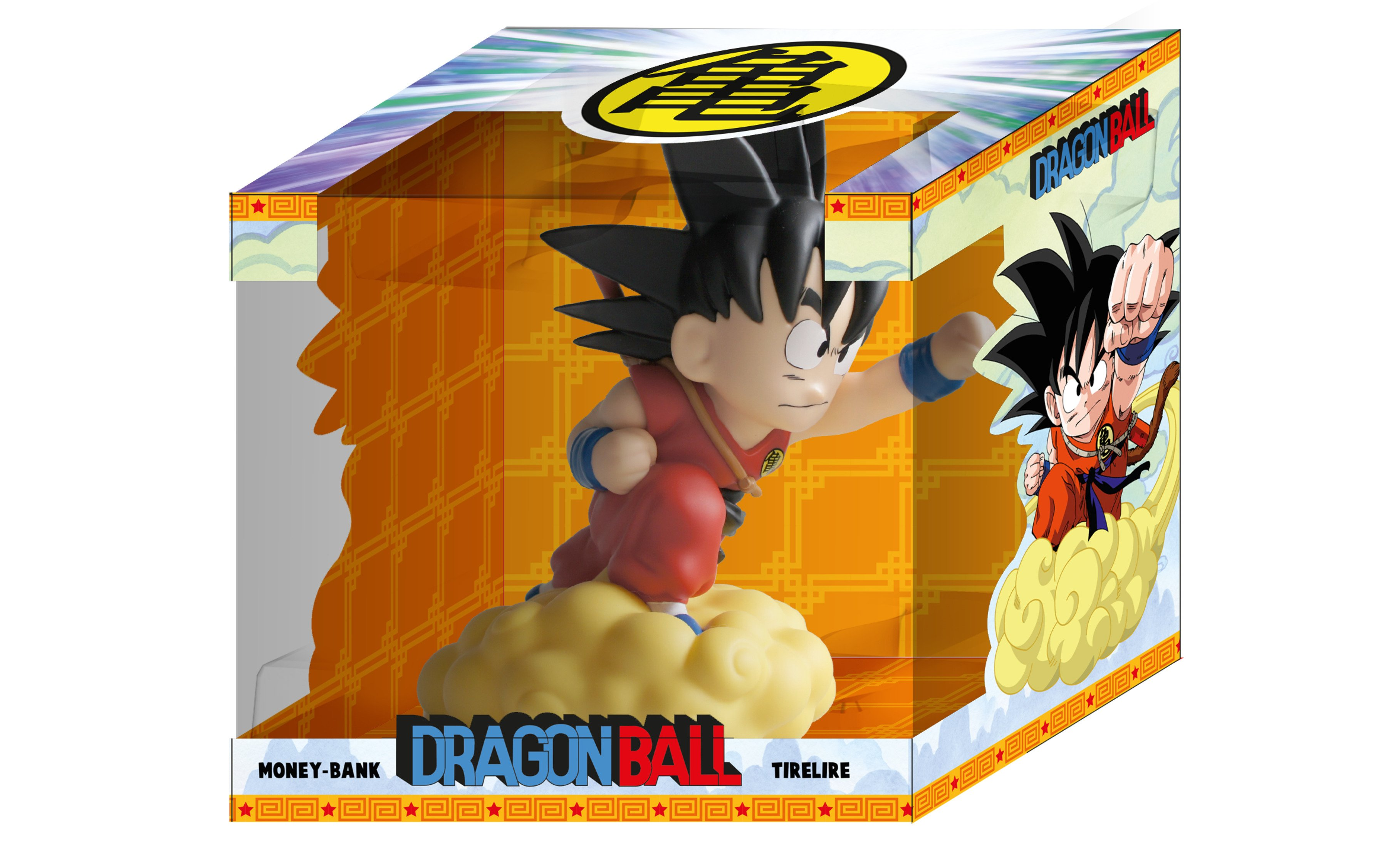 Eine Goku-Geldbank in einer Box. Goku befindet sich in einer Flugpose. Die Box hat Dragon Ball-Grafiken.