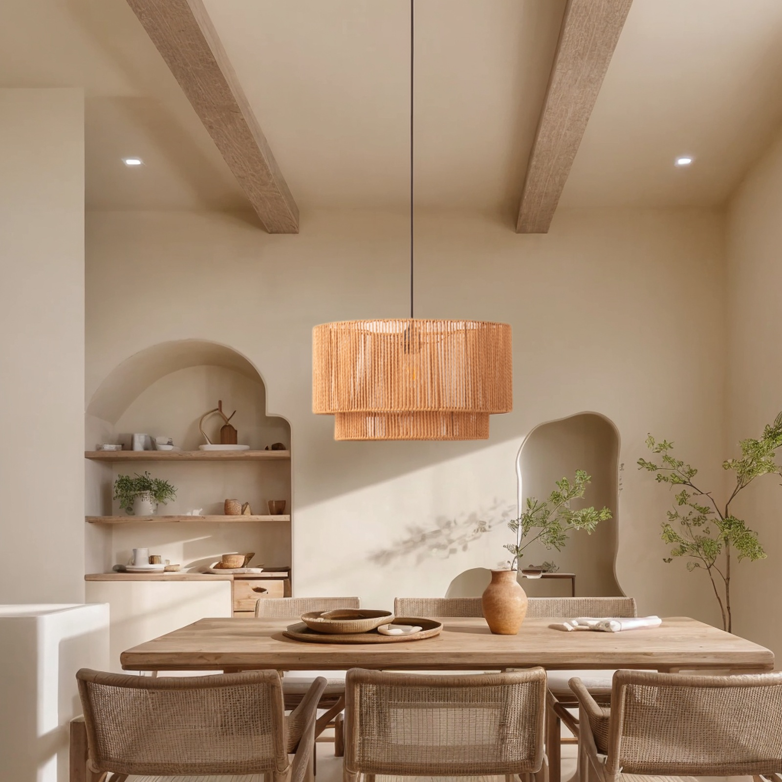 Comedor con mesa de madera, sillas, lámpara tejida y detalles de pared arqueados.