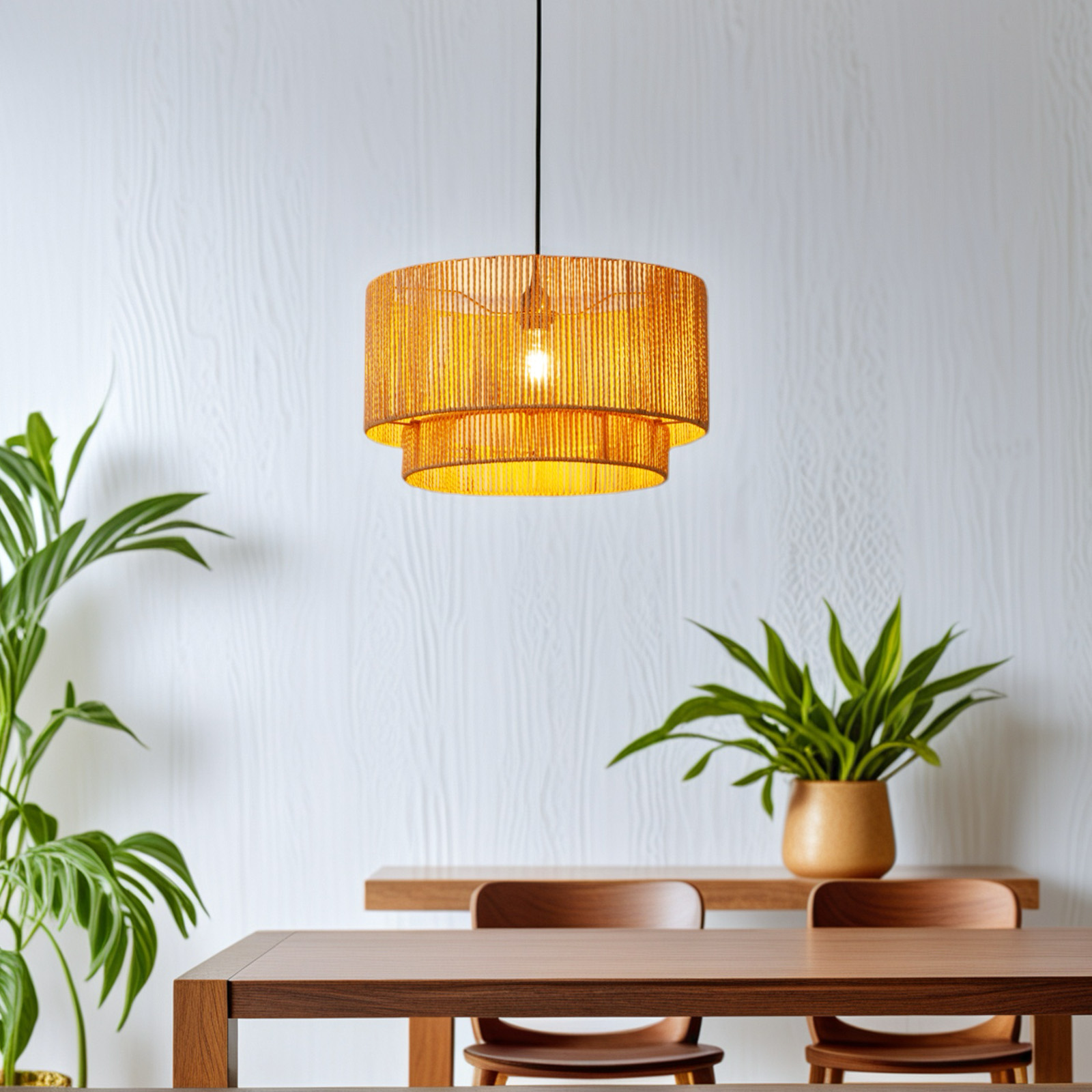 Lámpara colgante tejida encendida sobre una mesa de madera, con plantas detrás.