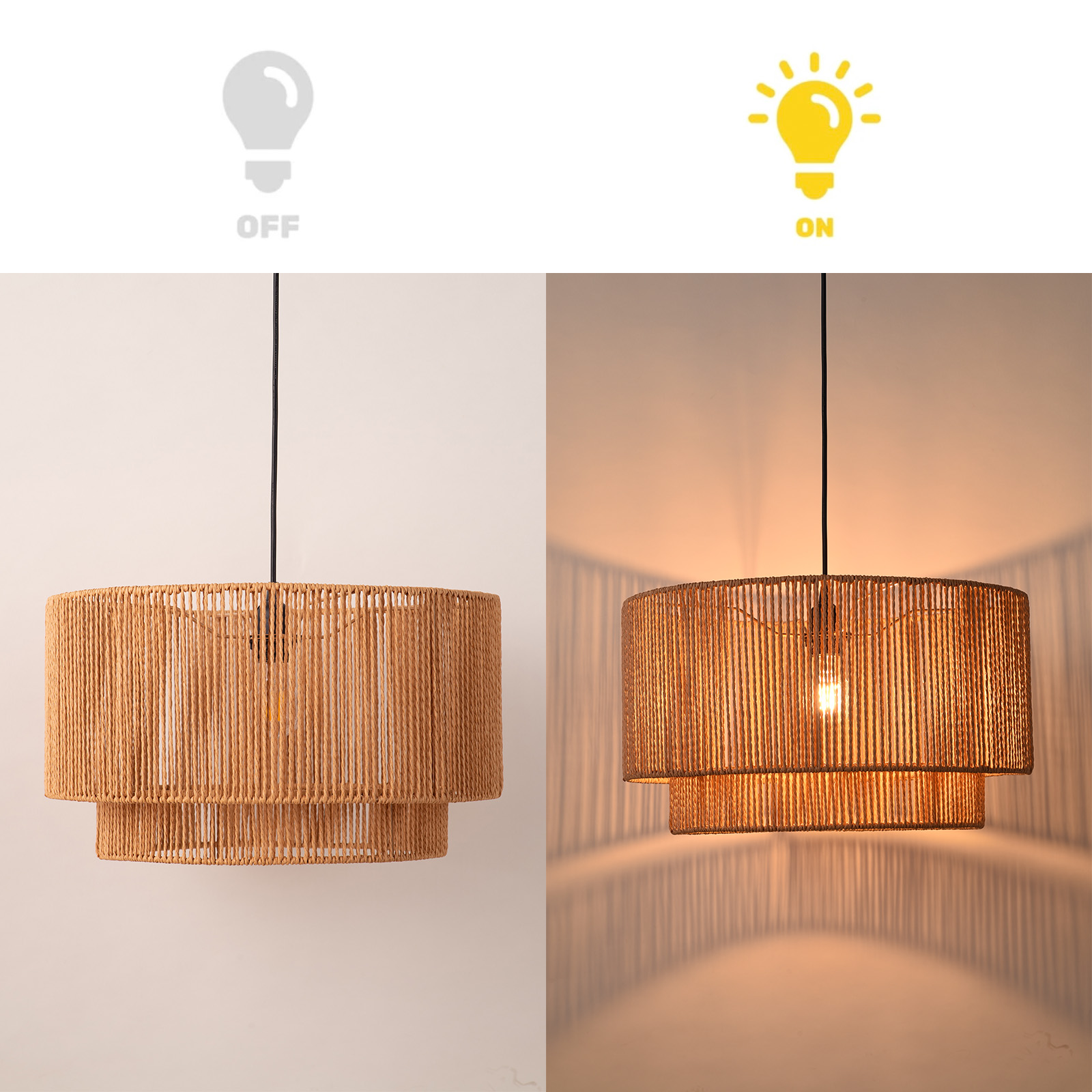 Dos imágenes: luz apagada y encendida. Lámpara tejida, mostrando la diferencia.