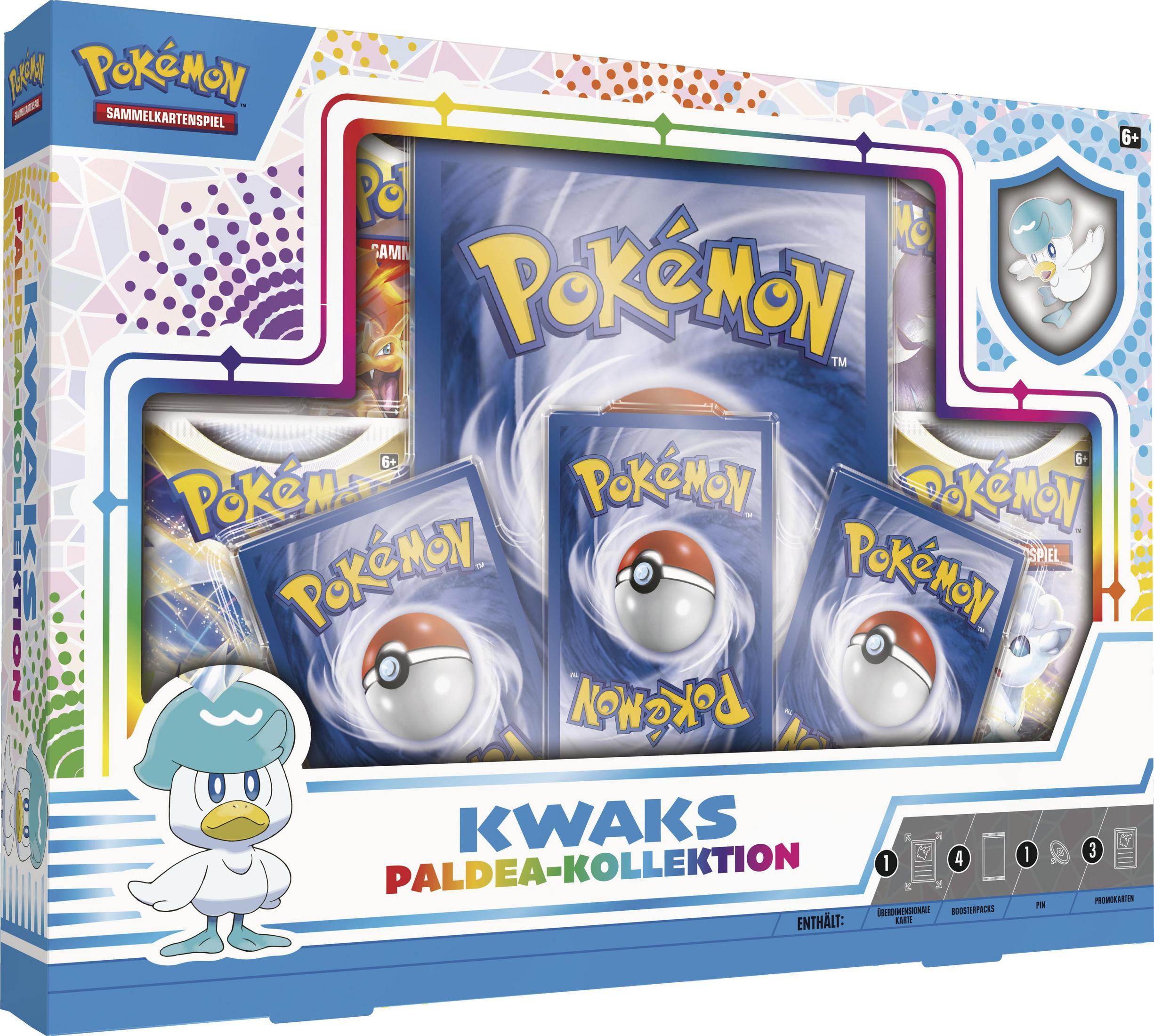 Eine Pokémon-Karten-Sammlungsbox. Sie enthält Karten und ein großes Bild eines Quaxly.