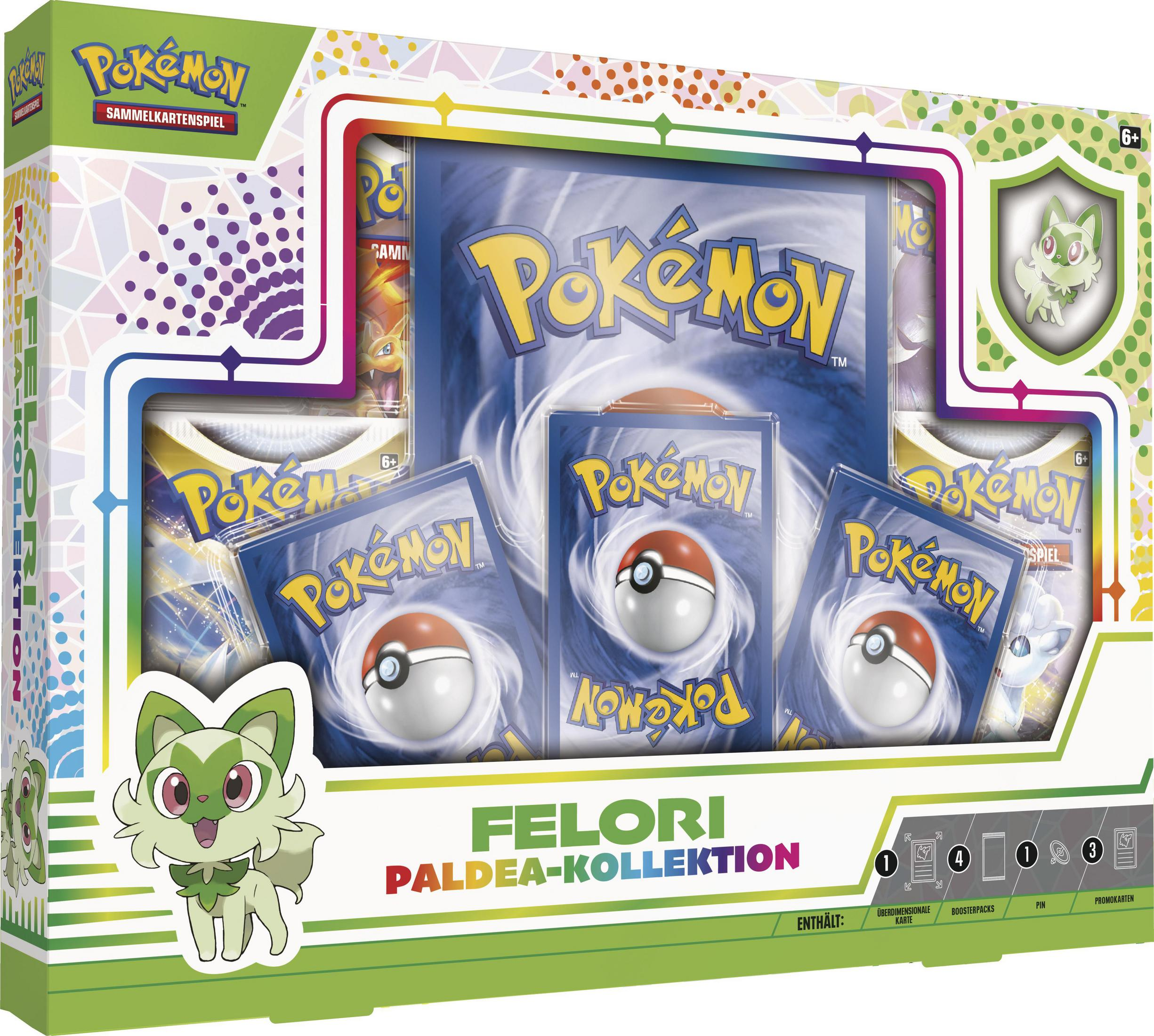 Eine Pokémon-Karten-Sammlungsbox. Sie enthält Karten und ein großes Bild eines Sprigatito.