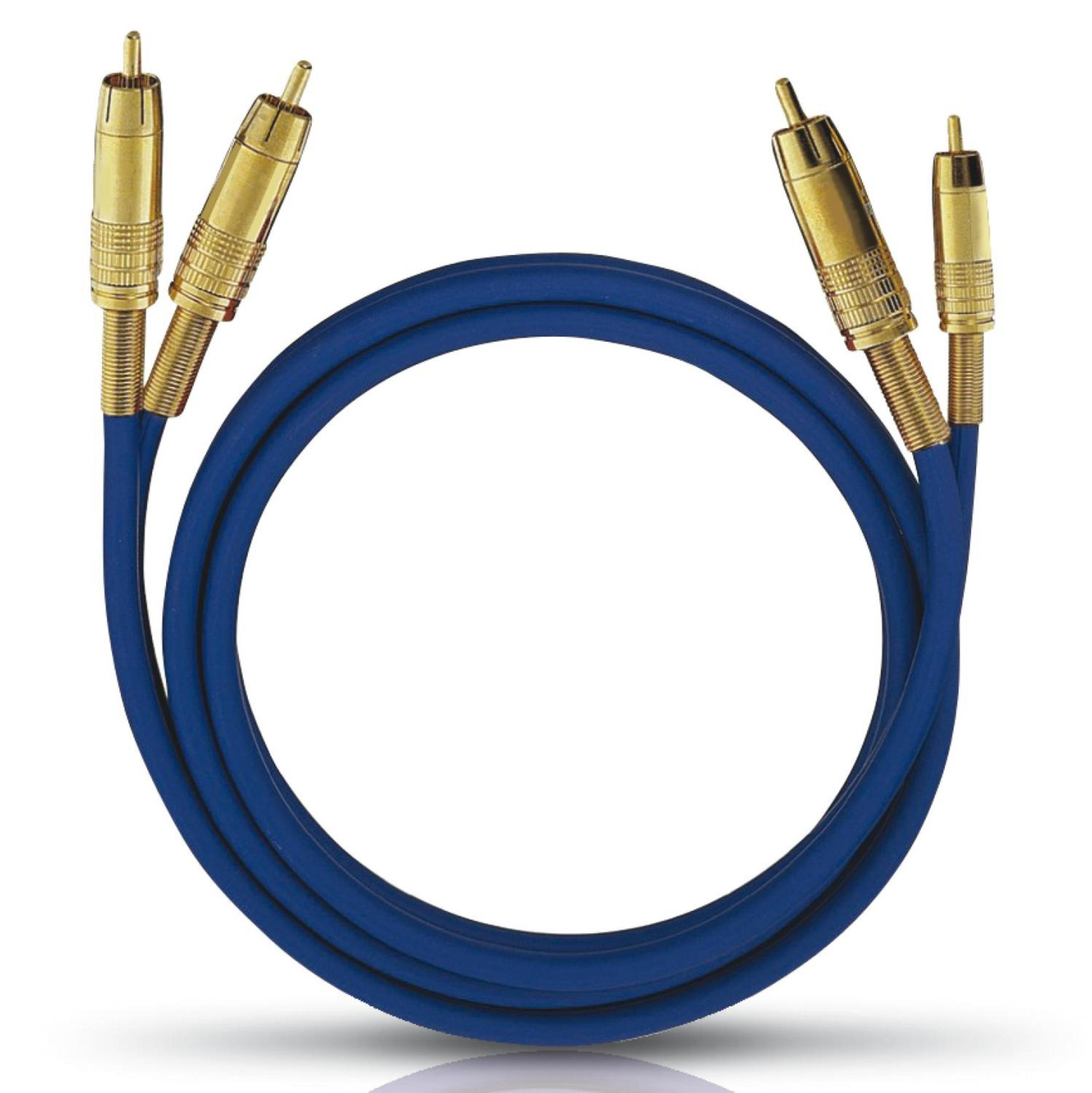 Ein blaues Cinch-Kabel mit goldenen Anschlüssen ist auf einer weißen Oberfläche aufgerollt und wirft einen Schatten.
