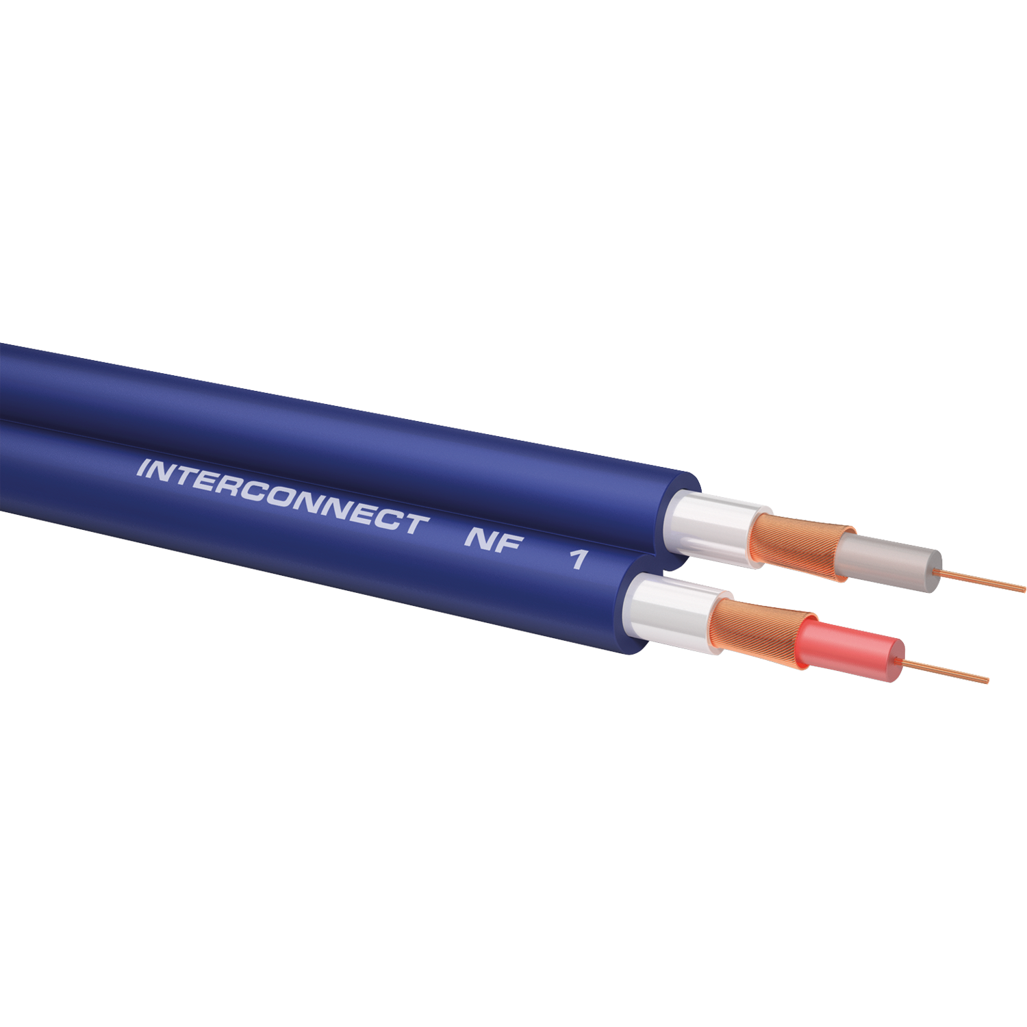 Zwei blaue Interconnect NF 1-Kabel mit geschnittenen Enden, die interne Verkabelung vor einem schwarzen Hintergrund zeigen.