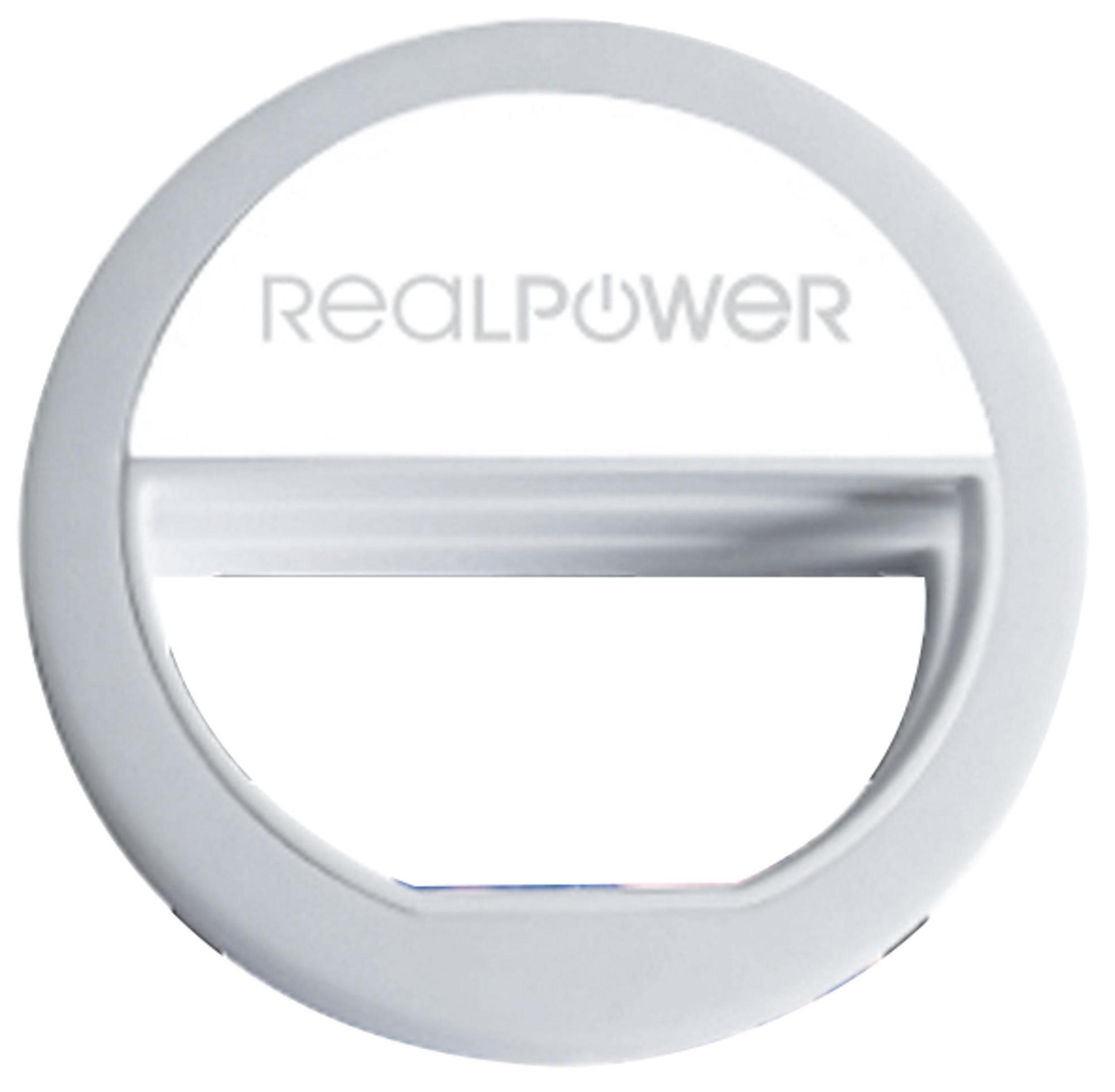 Weißes Realpower Selfie-Licht, ringförmig, mit horizontalem Balken in der Mitte und Markennamen.