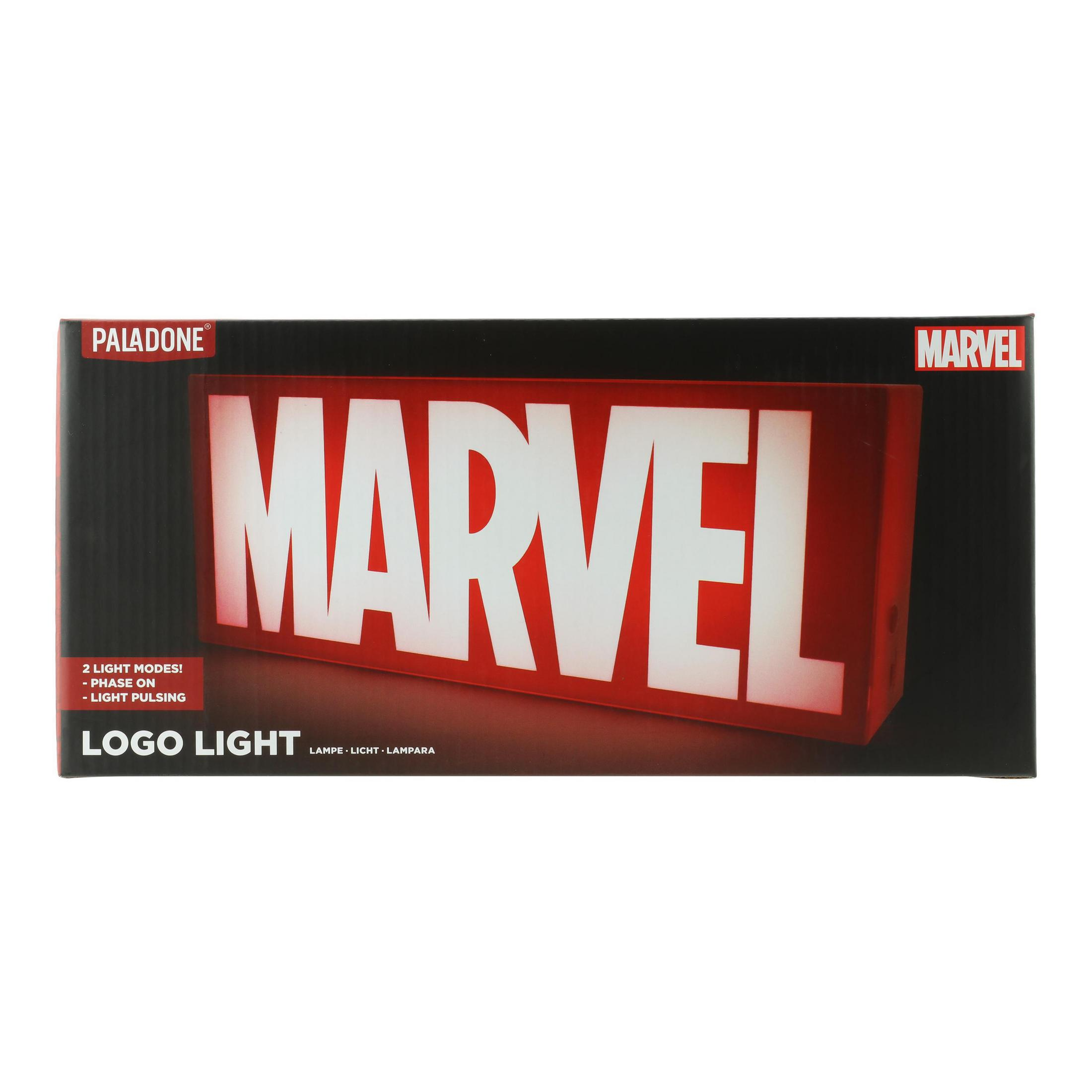 Marvel Logo-Leuchtkasten mit weißen MARVEL-Buchstaben auf rotem Grund und Text darunter: Logo Light.