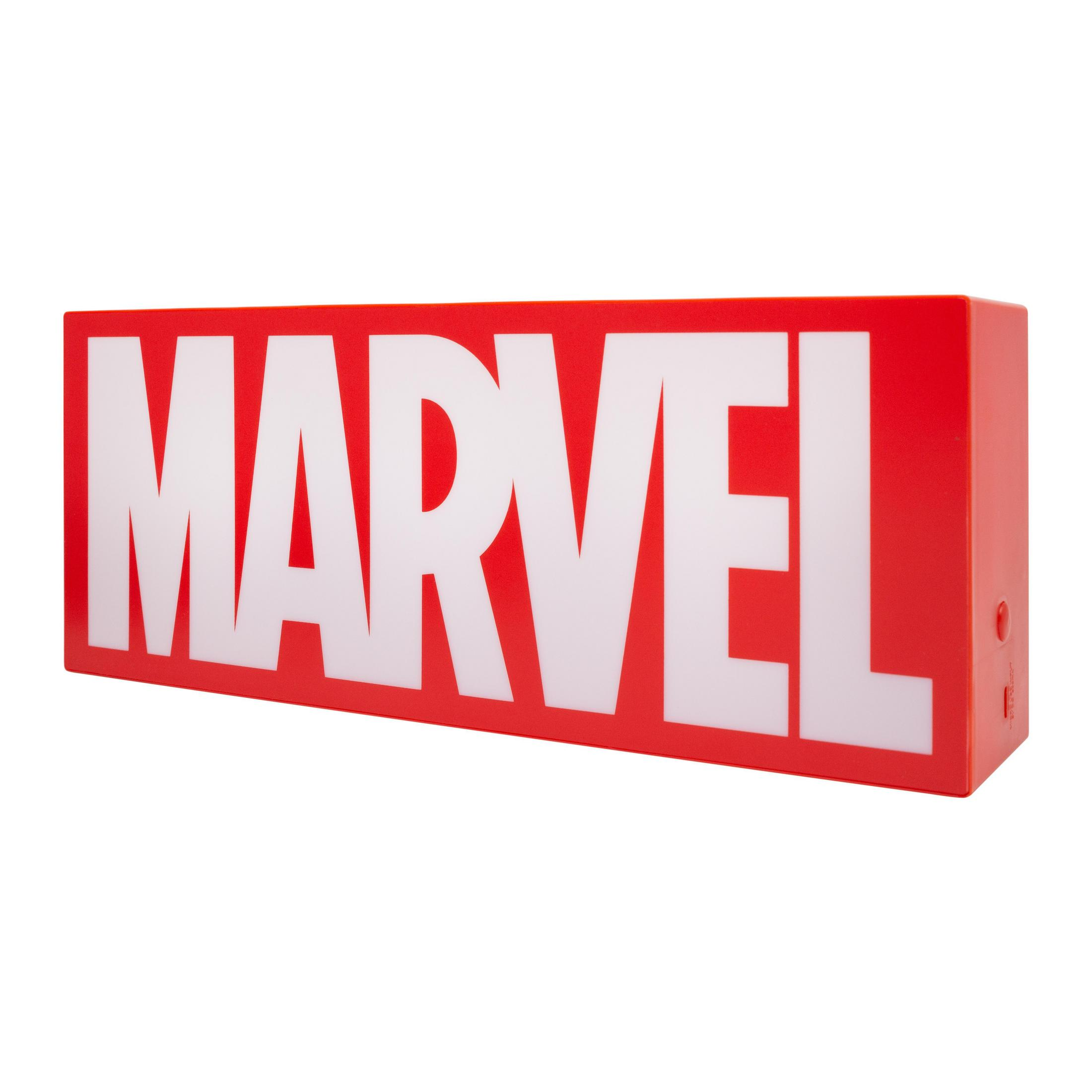Roter Marvel-Logo-Leuchtkasten mit weißen MARVEL-Buchstaben. Rechteckige Form, einfaches Design.