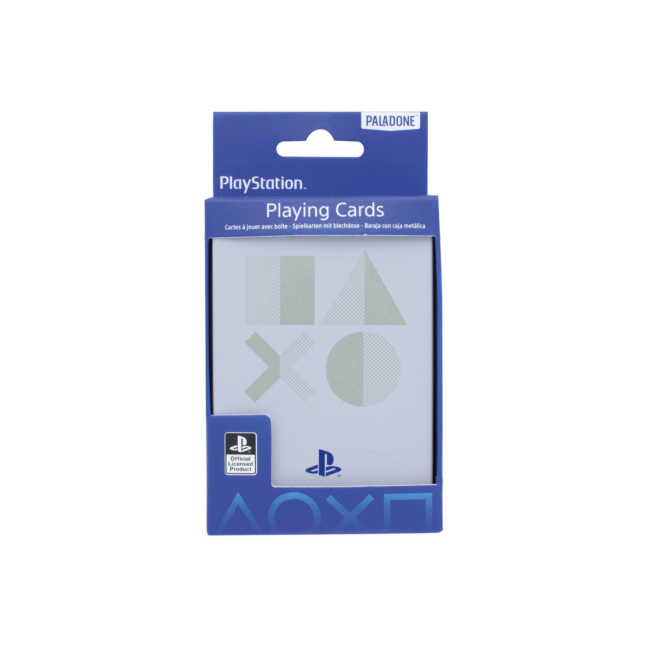 PlayStation-Spielkarten in einer Schachtel. Schachtel ist weiß mit PlayStation-Logo. Weißer Hintergrund.