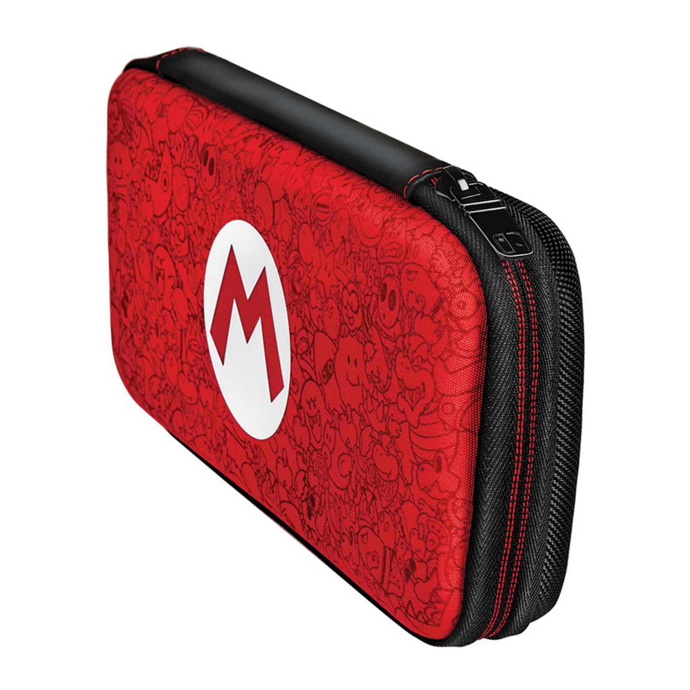 Czerwone etui Mario z białym logo. Czarny zamek błyskawiczny i wykończenie. Etui ma wzór postaci Mario.