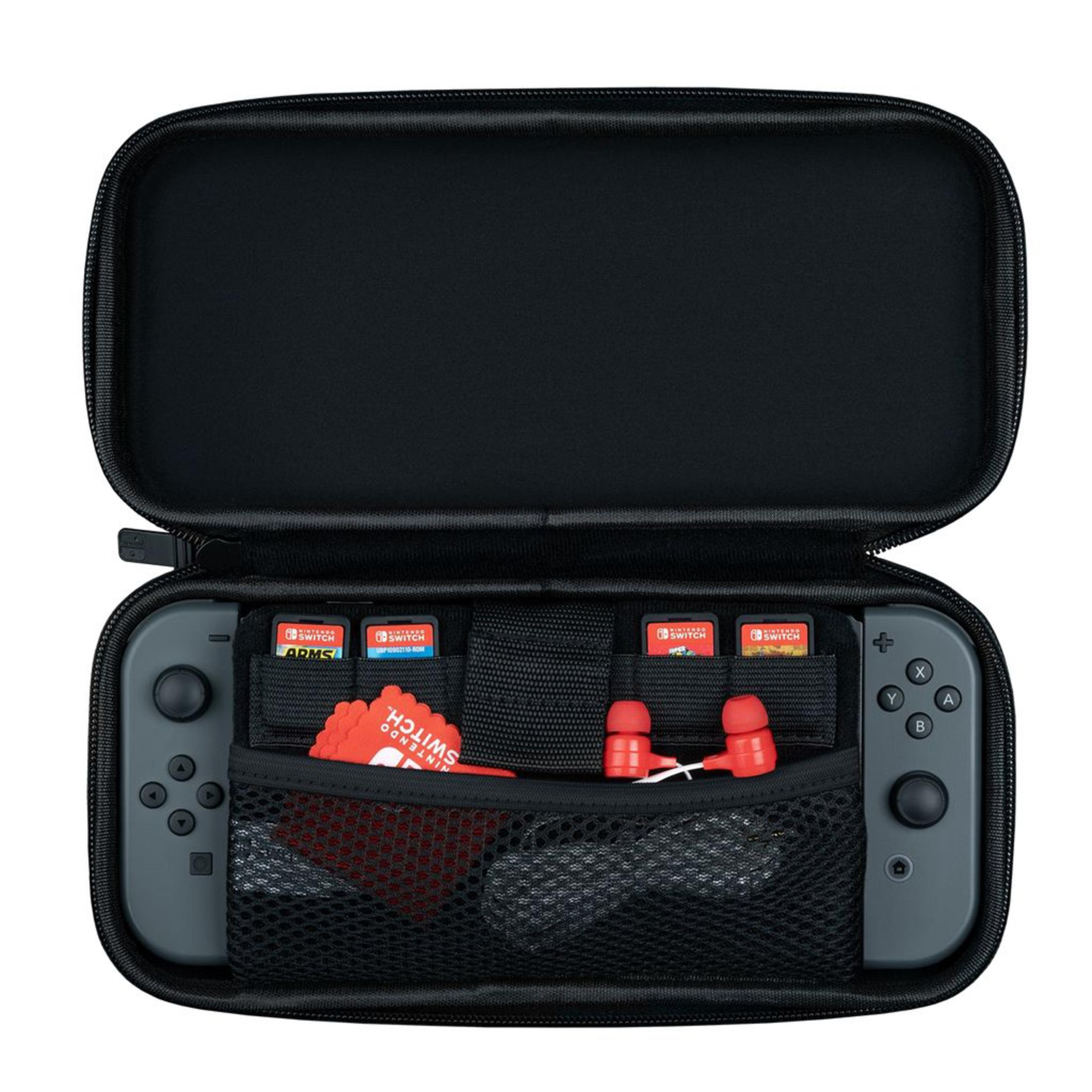 Otwarty czarny futerał Nintendo Switch. Wewnątrz konsola Switch, gry, słuchawki i akcesoria.