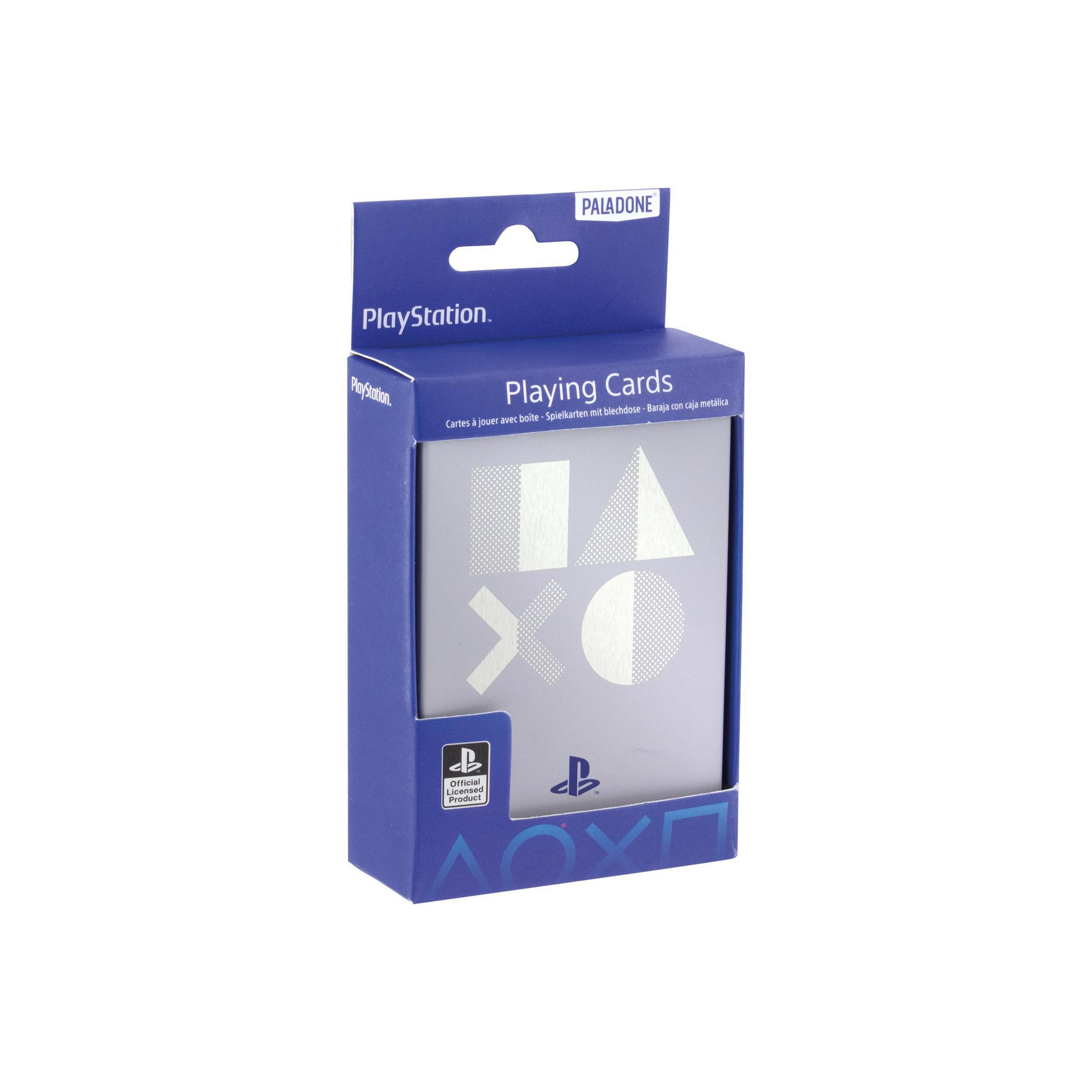 Eine blaue Schachtel mit Playstation-Spielkarten mit silbernen Playstation-Symbolen auf der Vorderseite auf weißem Hintergrund.