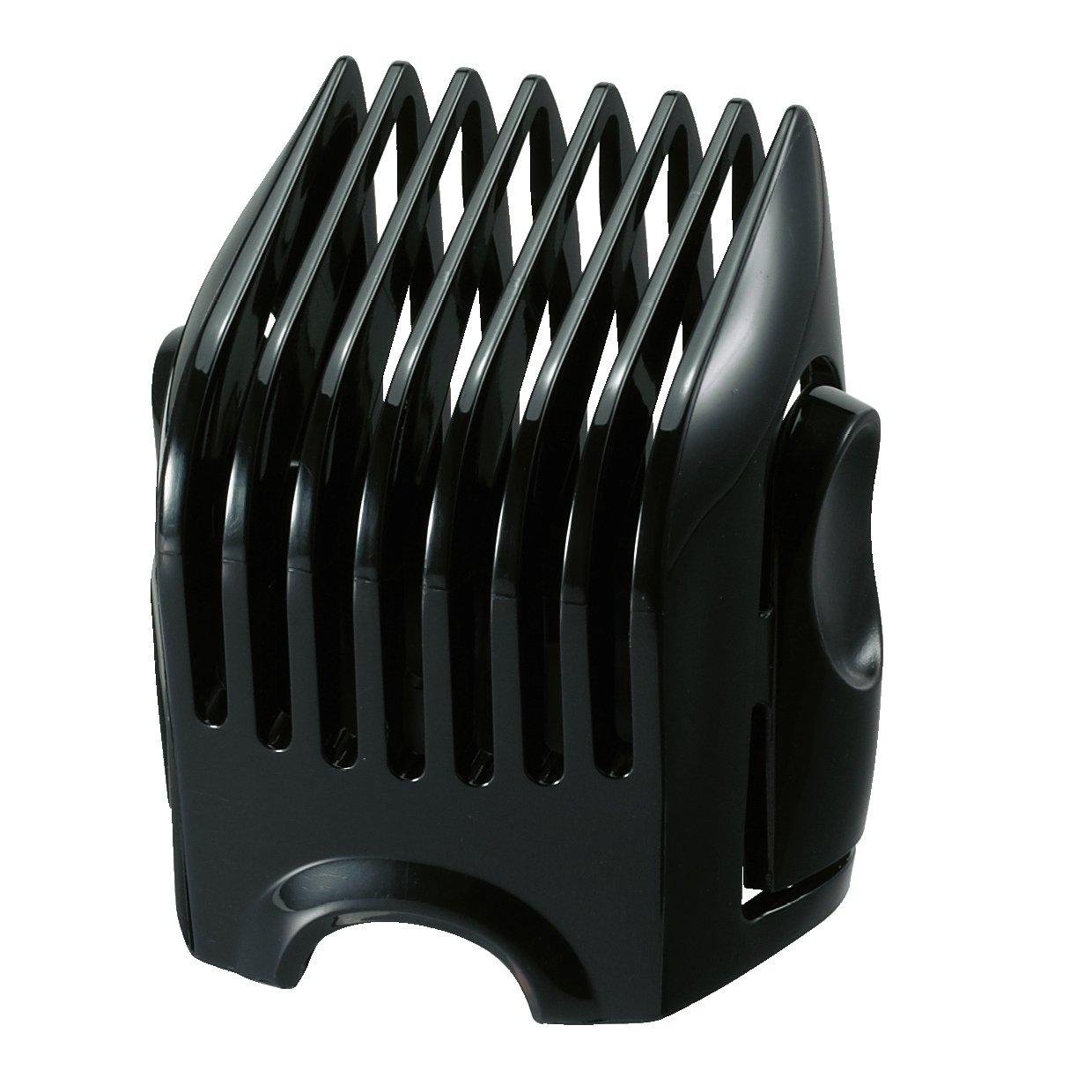 Un accessoire de peigne de guidage en plastique noir pour une tondeuse à cheveux sur un fond blanc.